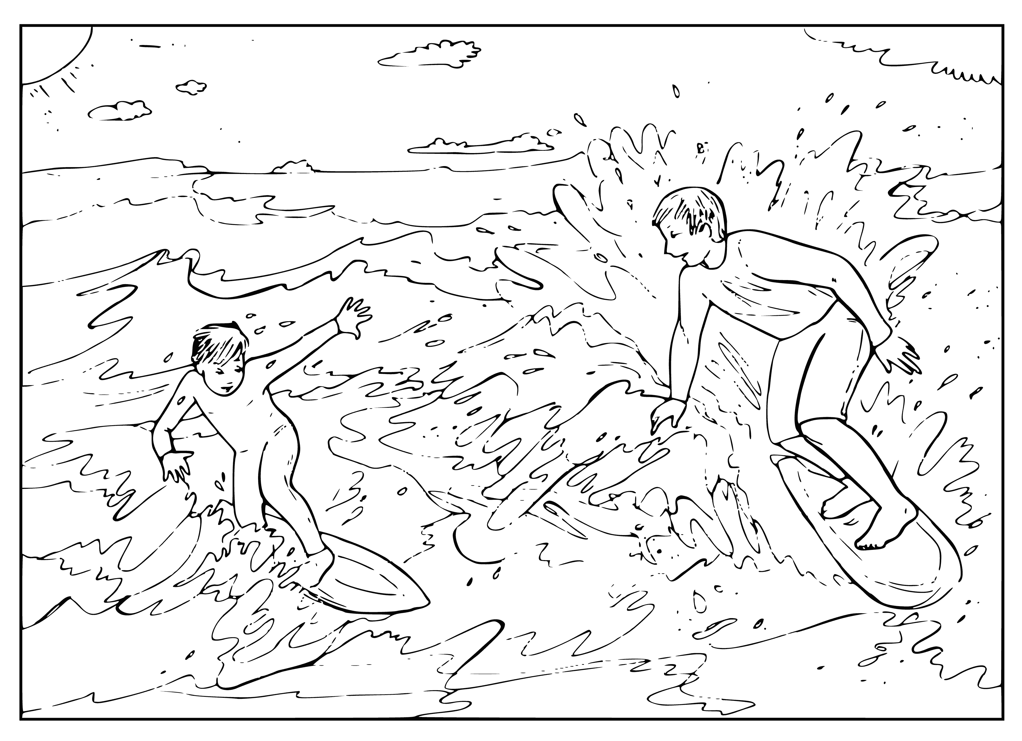 coloring page: Surfer in a yellow wet suit rides a large wave in a bright blue sky, with the sun shining brightly.