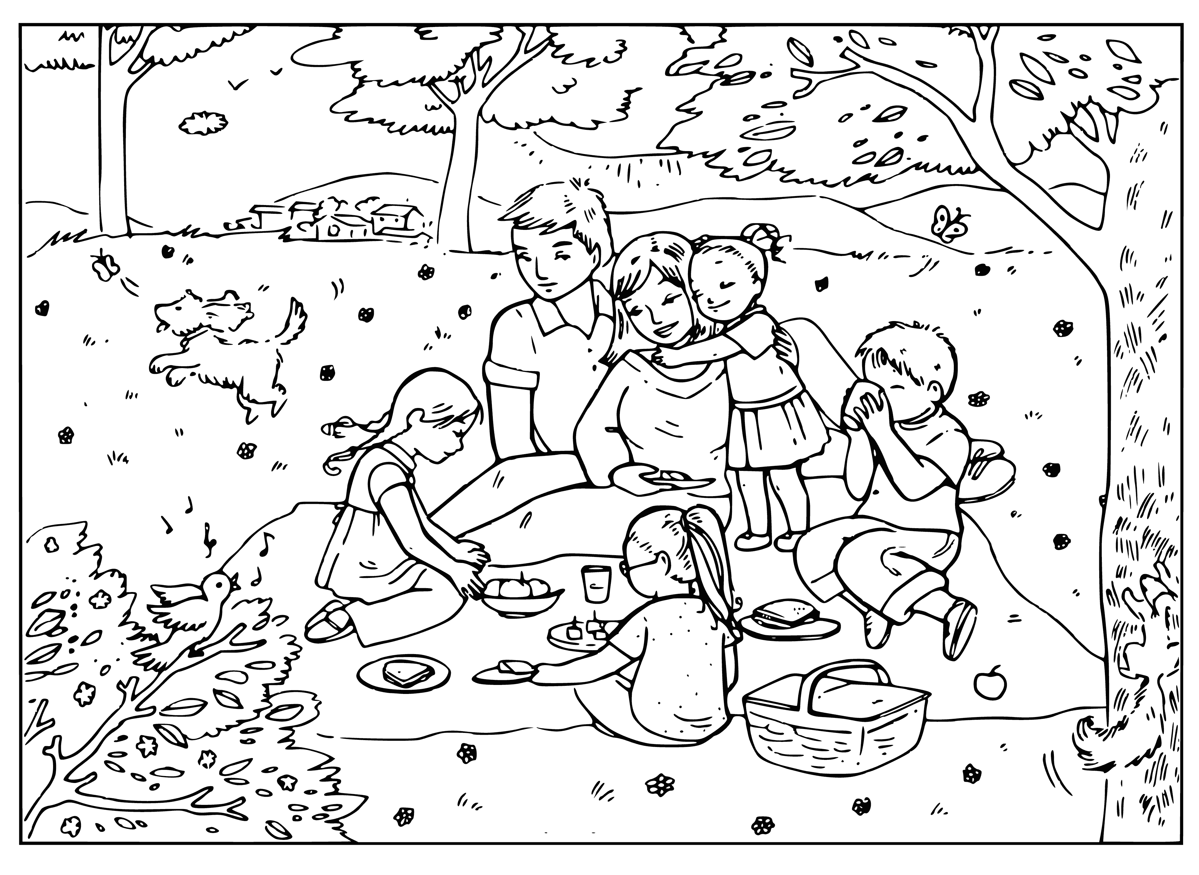 coloring page: Family packing a picnic basket of sandwich, WM, grapes & apple. Mom cuddles baby on checkered blanket.
