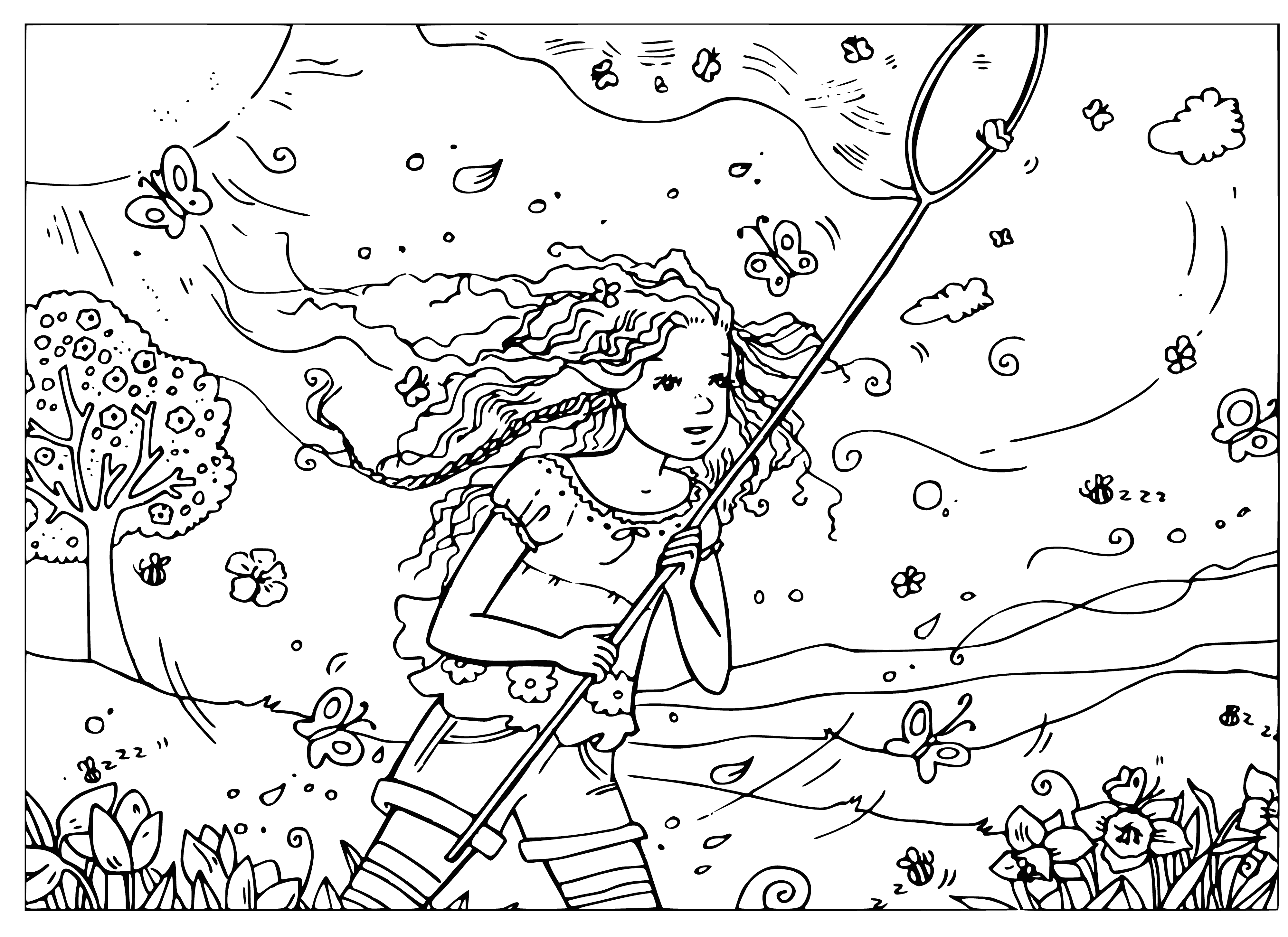 coloring page: Girl in sunhat enjoying meadow flowers with butterfly on her finger in Summer coloring page.
