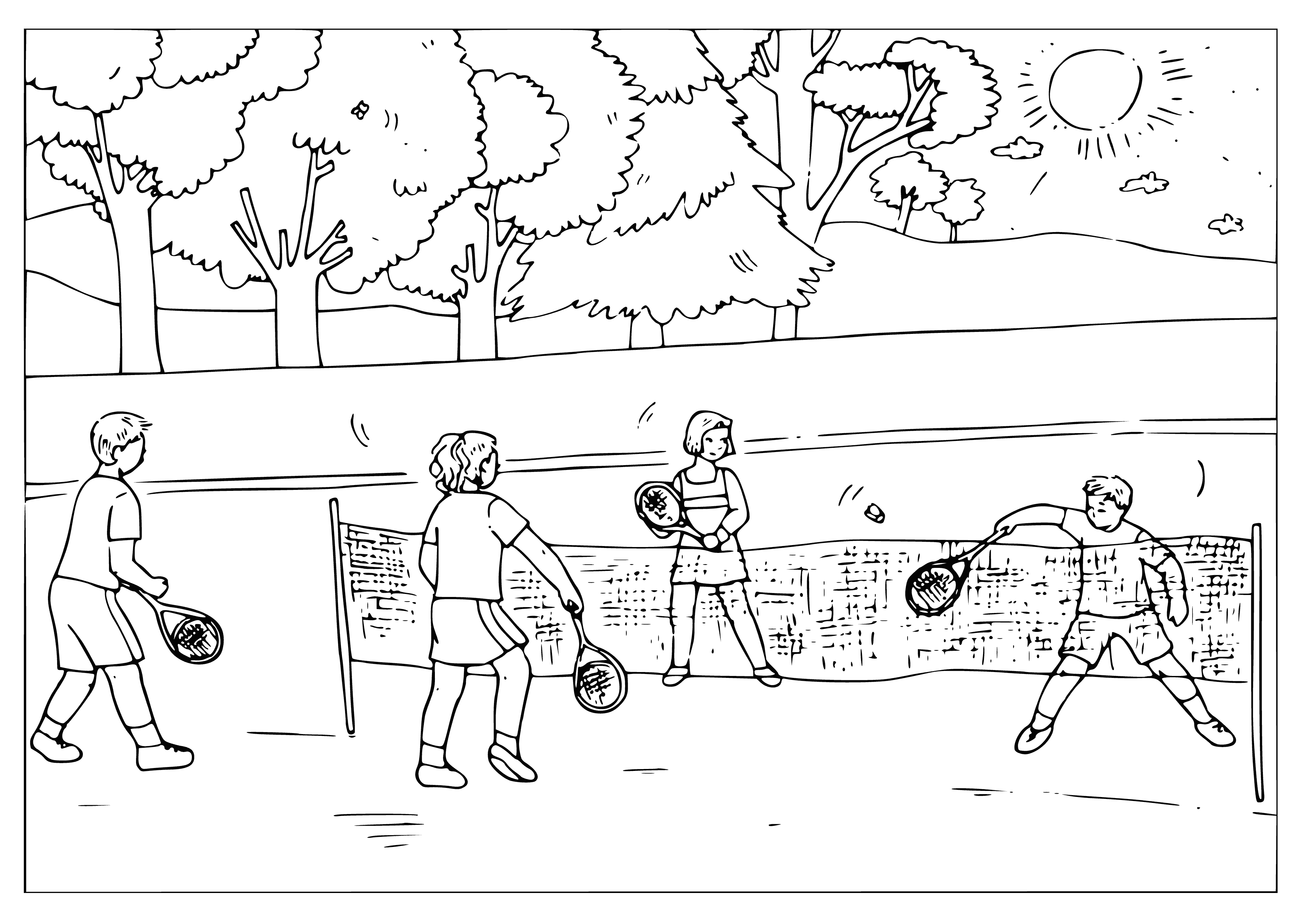 coloring page: Girl plays tennis in summer sun, wearing white dress/pink visor & boy wearing blue shorts/white shirt. Having a great time! #SummerVibes
