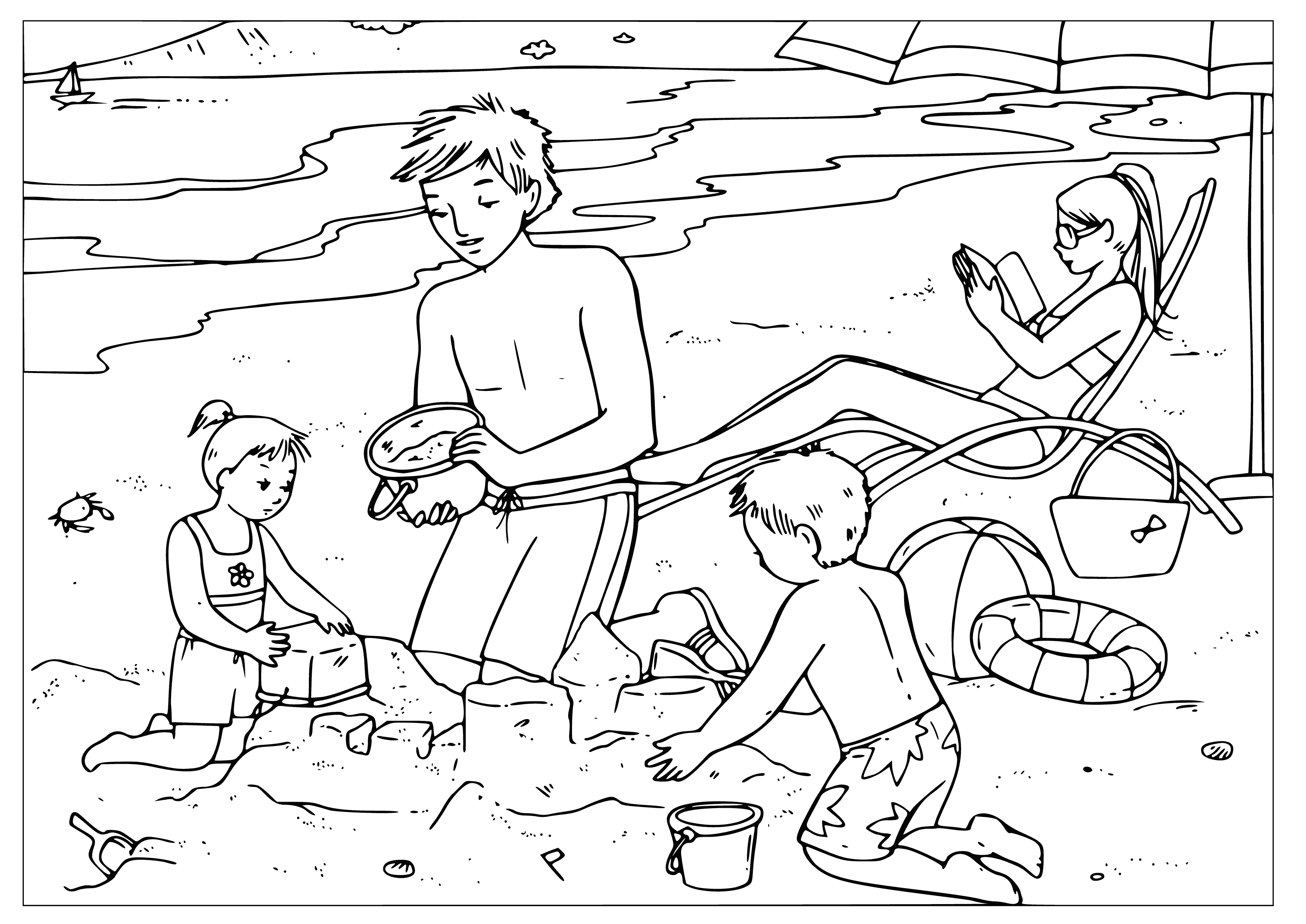 coloring page: 3 kids in coloring page making sand cakes: boy standing, girls sitting, all have sand on hands/clothes.