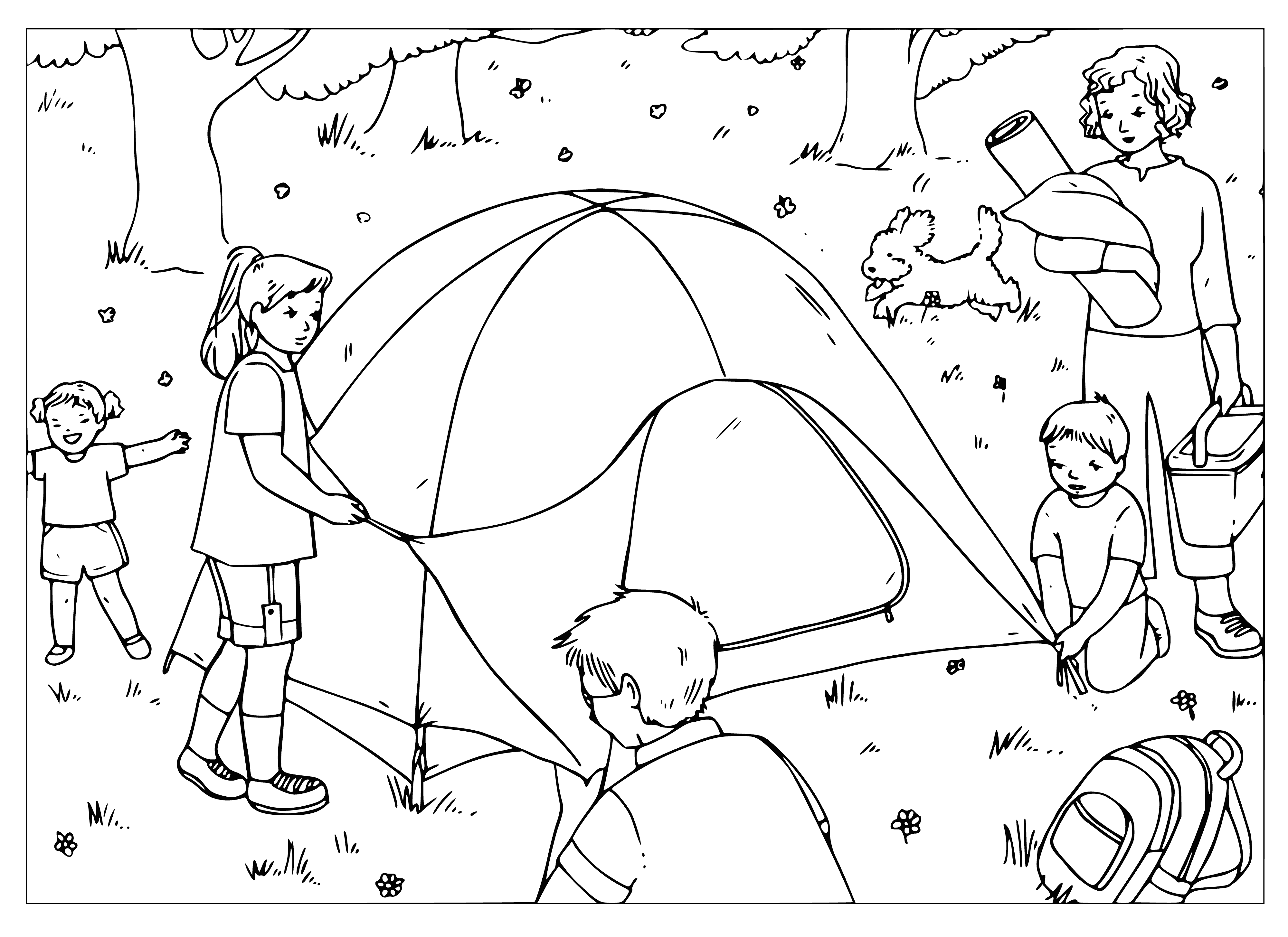 coloring page: A hike through a forest filled with leaves, trees, and a river with a bridge. Sun shining, blue sky. Perfect outdoor retreat!