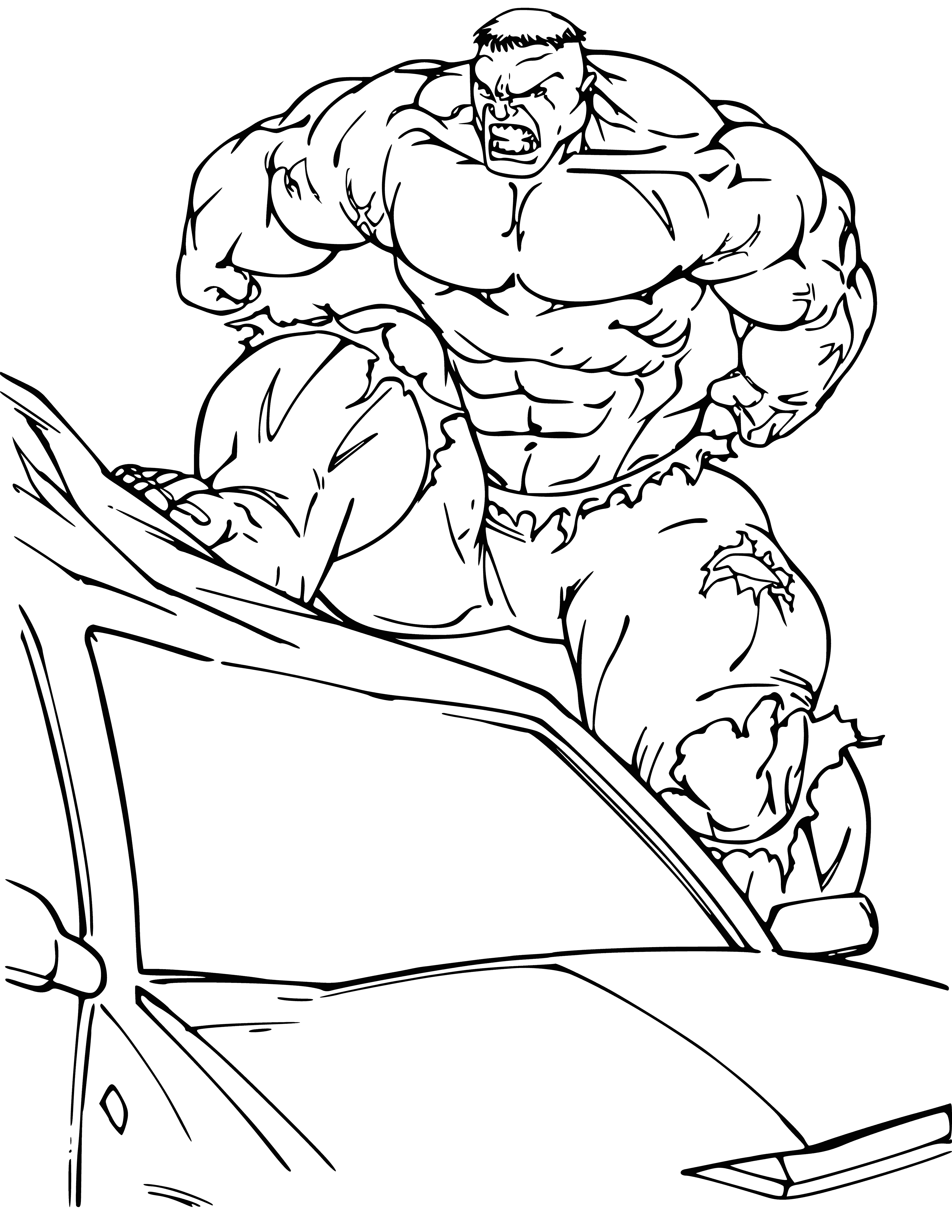 coloring page: The Hulk is a muscular green superhero created by a gamma radiation experiment, who grows stronger when angry. His strength and high durability enable him to heal very quickly.