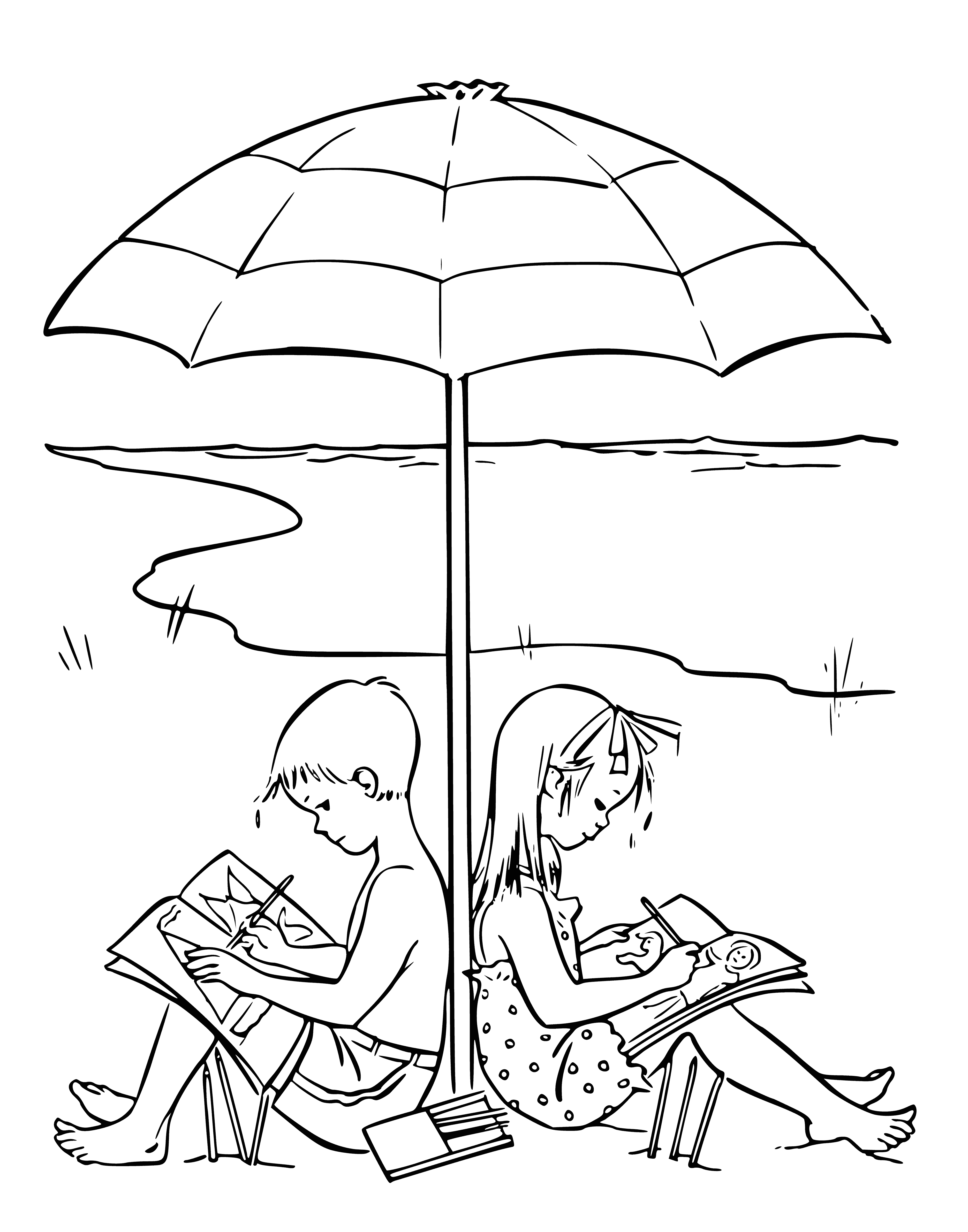 Niños en verano en la playa bajo una sombrilla. página para colorear