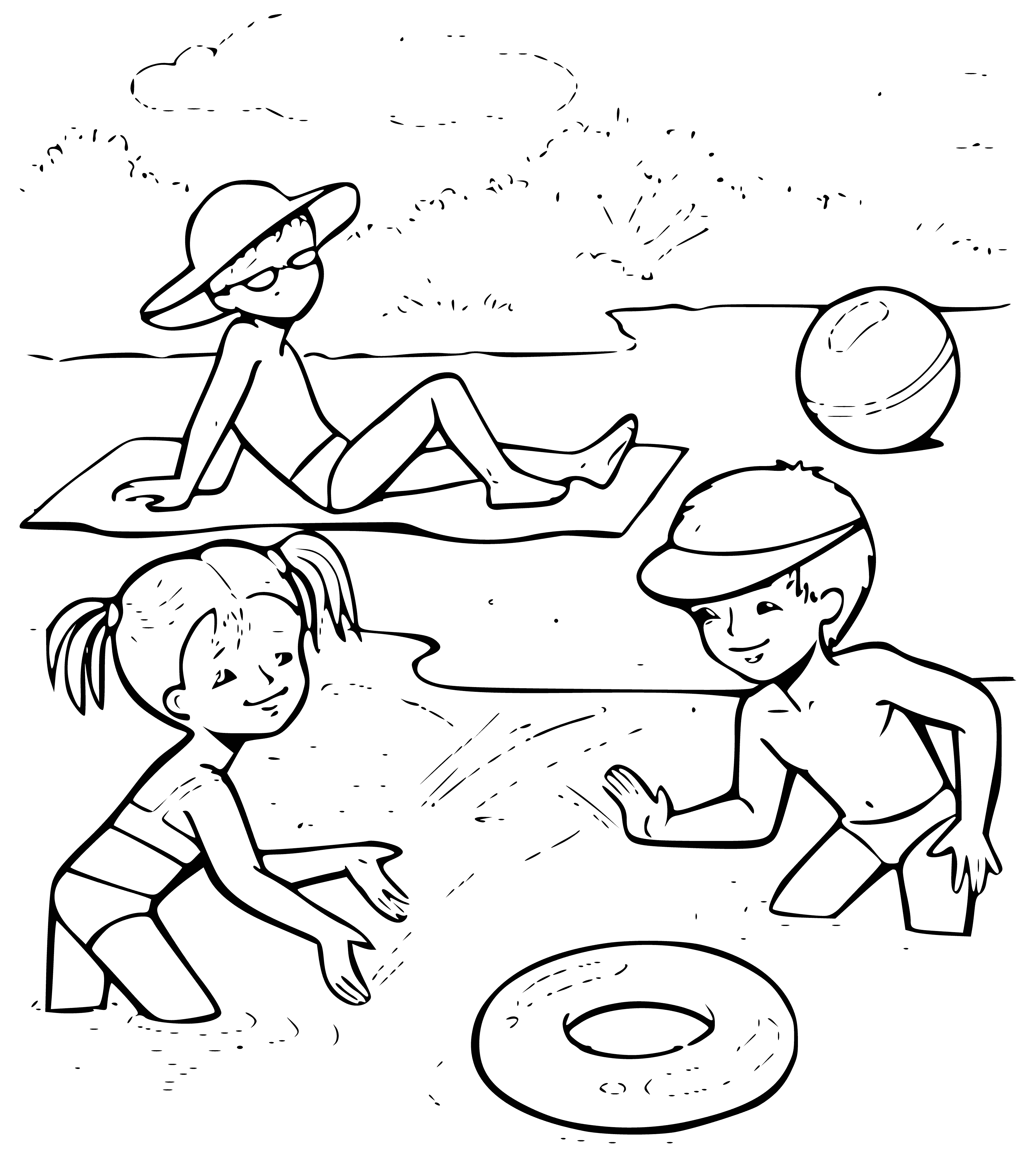 coloring page: Kids play by river on summer day, splashing in water & sitting on rocks; trees & mountains in distance.