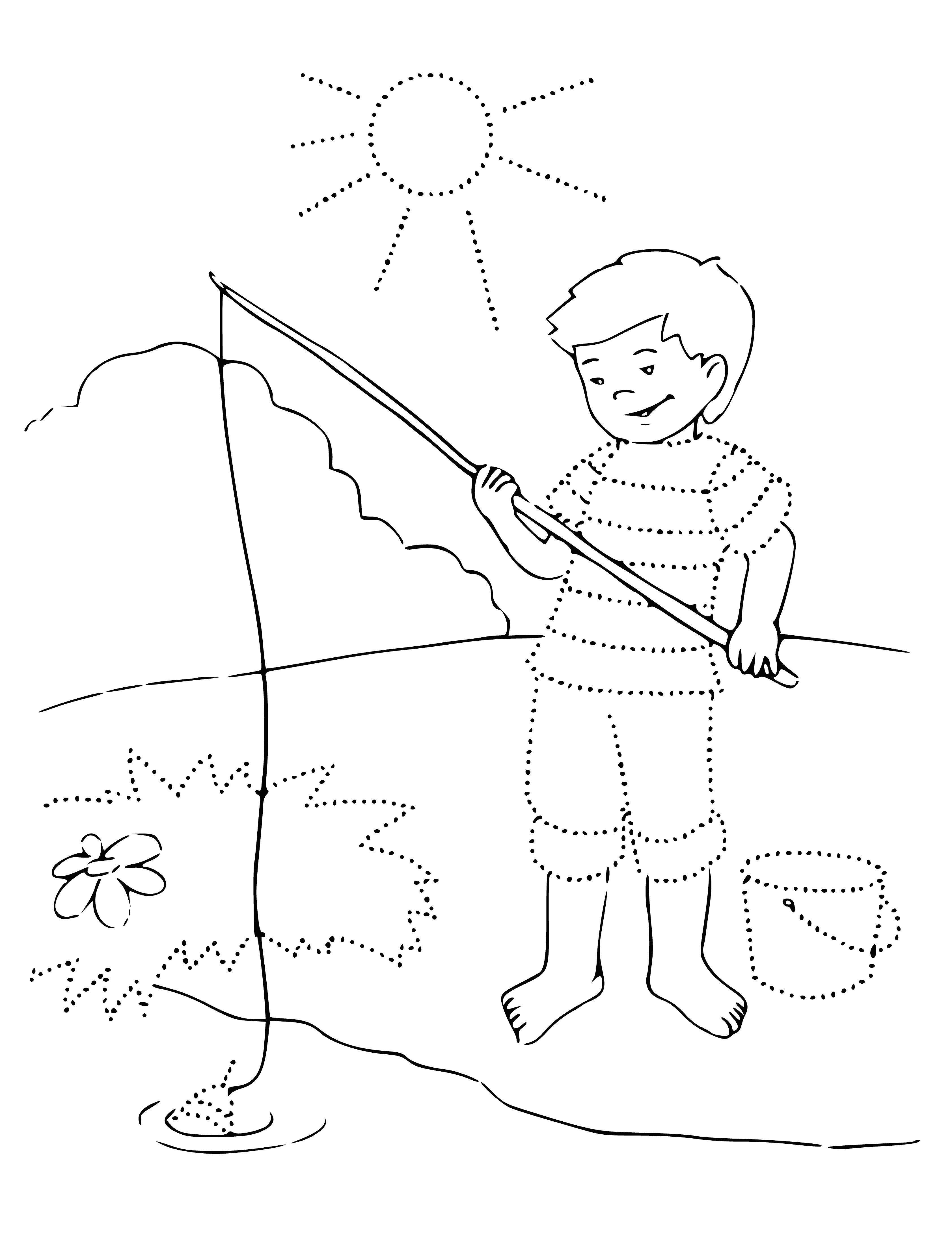 coloring page: Girl & boy fishing on pier under blue sky, white clouds. Coloring page is great for summer fun. #summercoloringpages