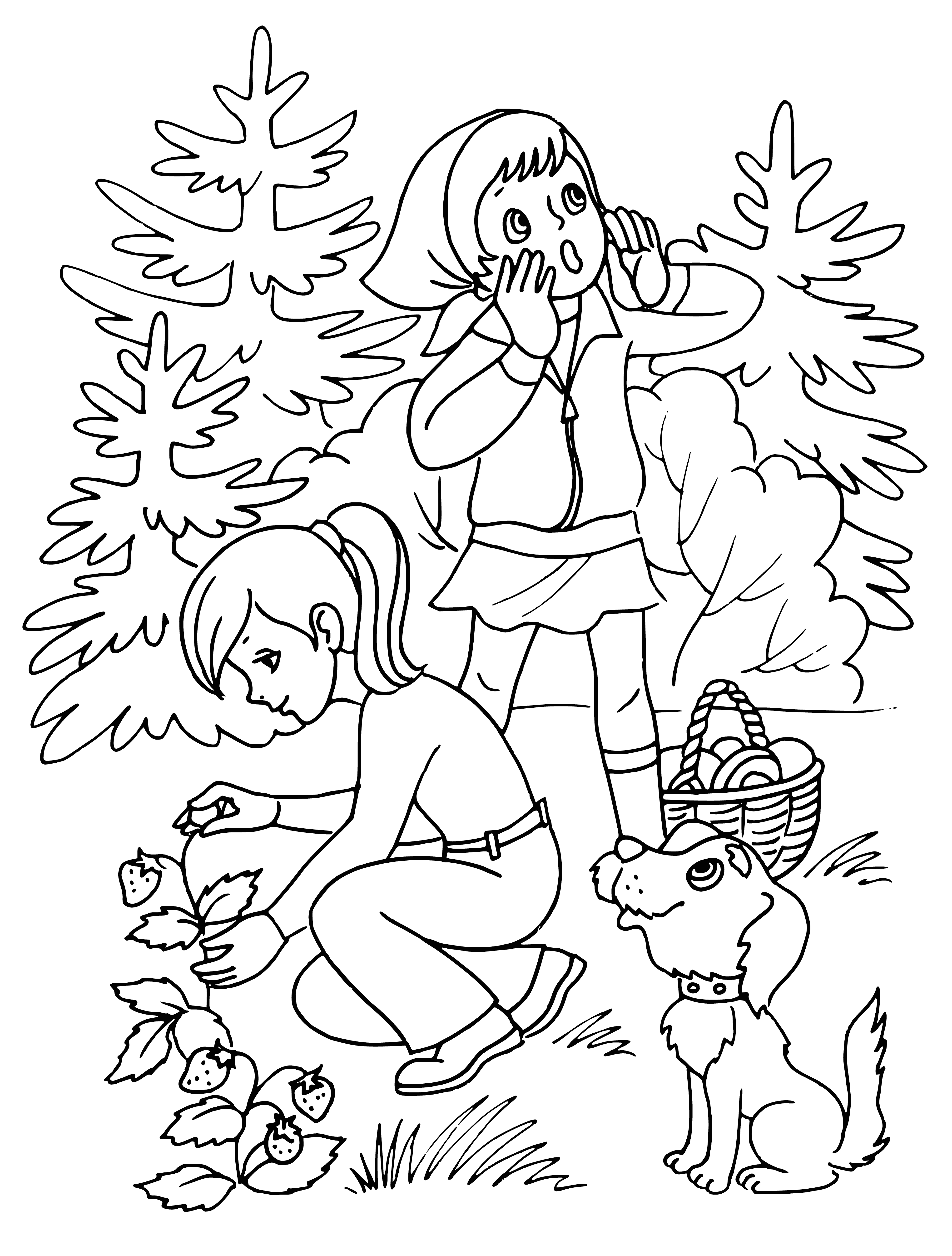 coloring page: Children have fun in the summer forest, picking flowers, climbing trees and running around with the sun shining and the sky's blue.