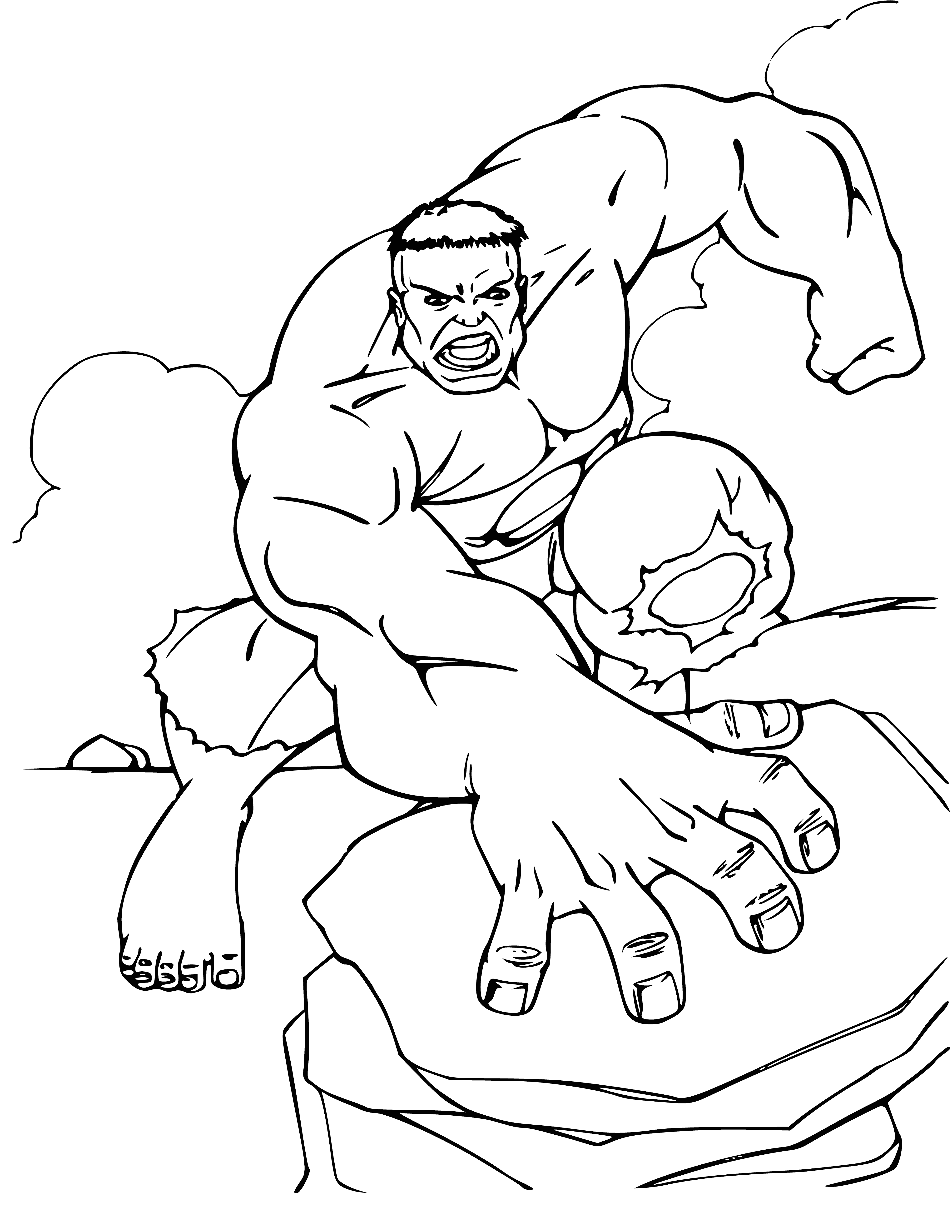 coloring page: Angry green muscleman w/ giant forehead & torn purple pants stands barefoot, glaring fiercely.