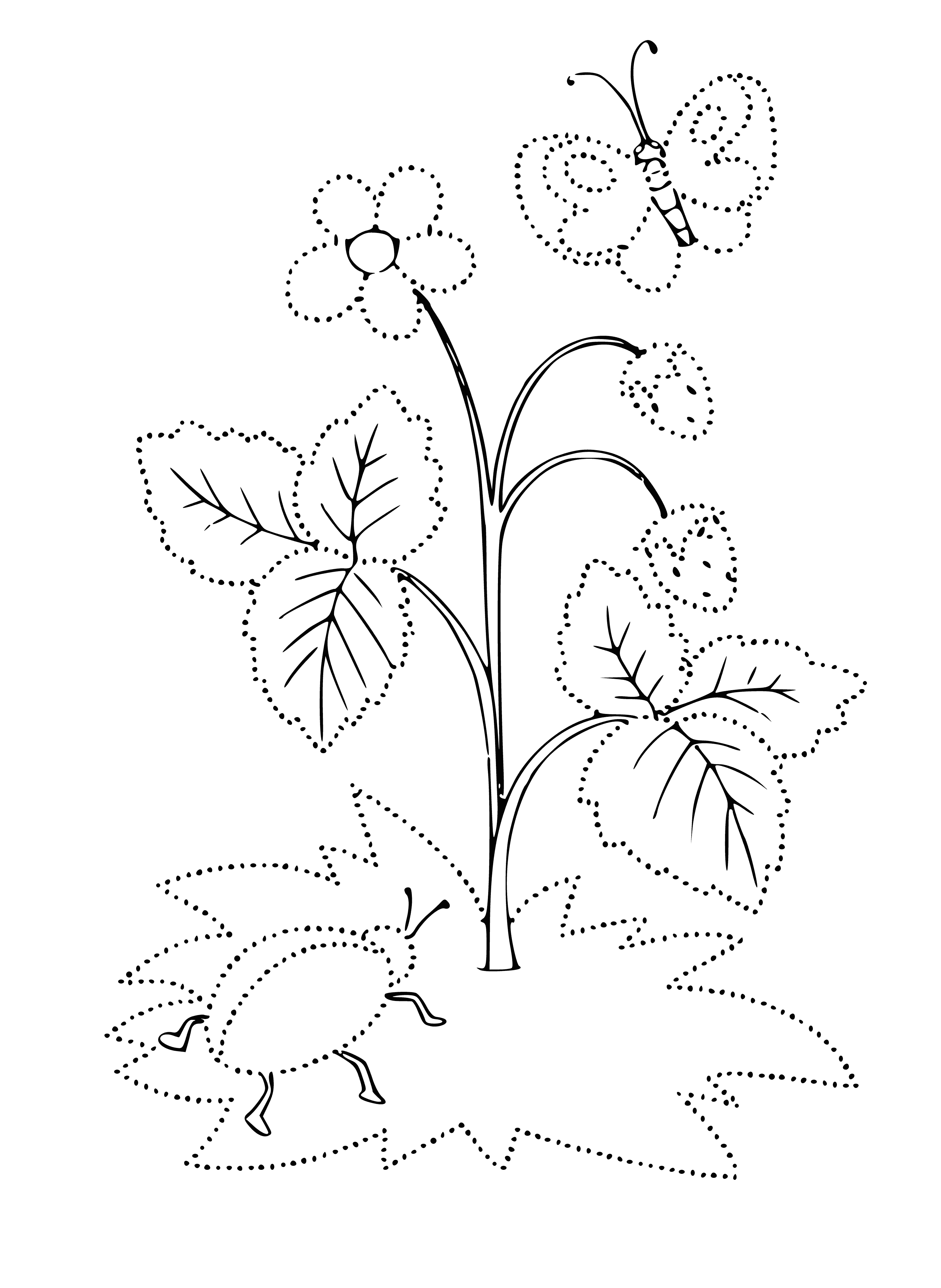 coloring page: Color a large red strawberry w/ seeds & green leaves on stem against white background.