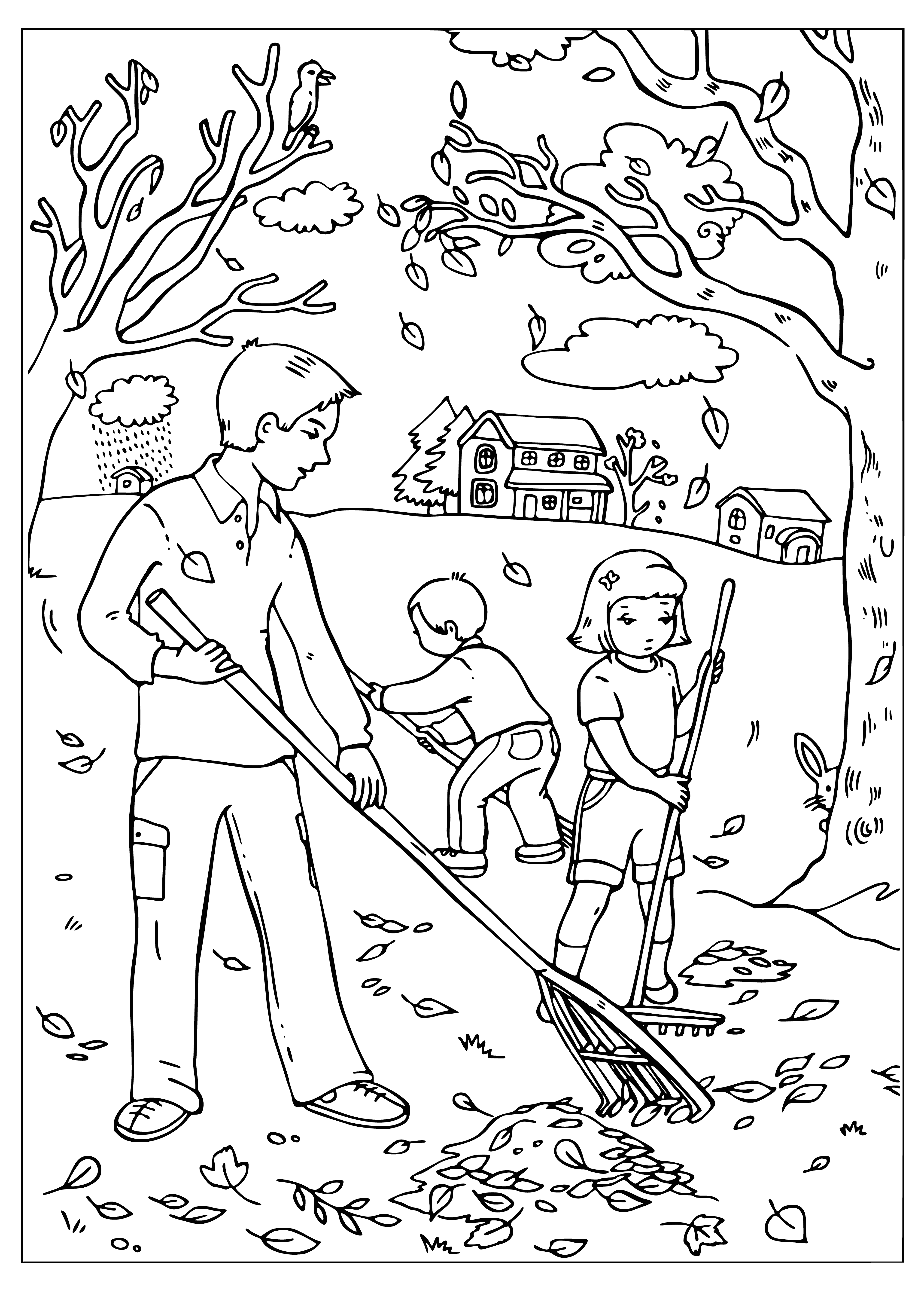 coloring page: Leaves turning brown, piling up and into bags; people are raking.