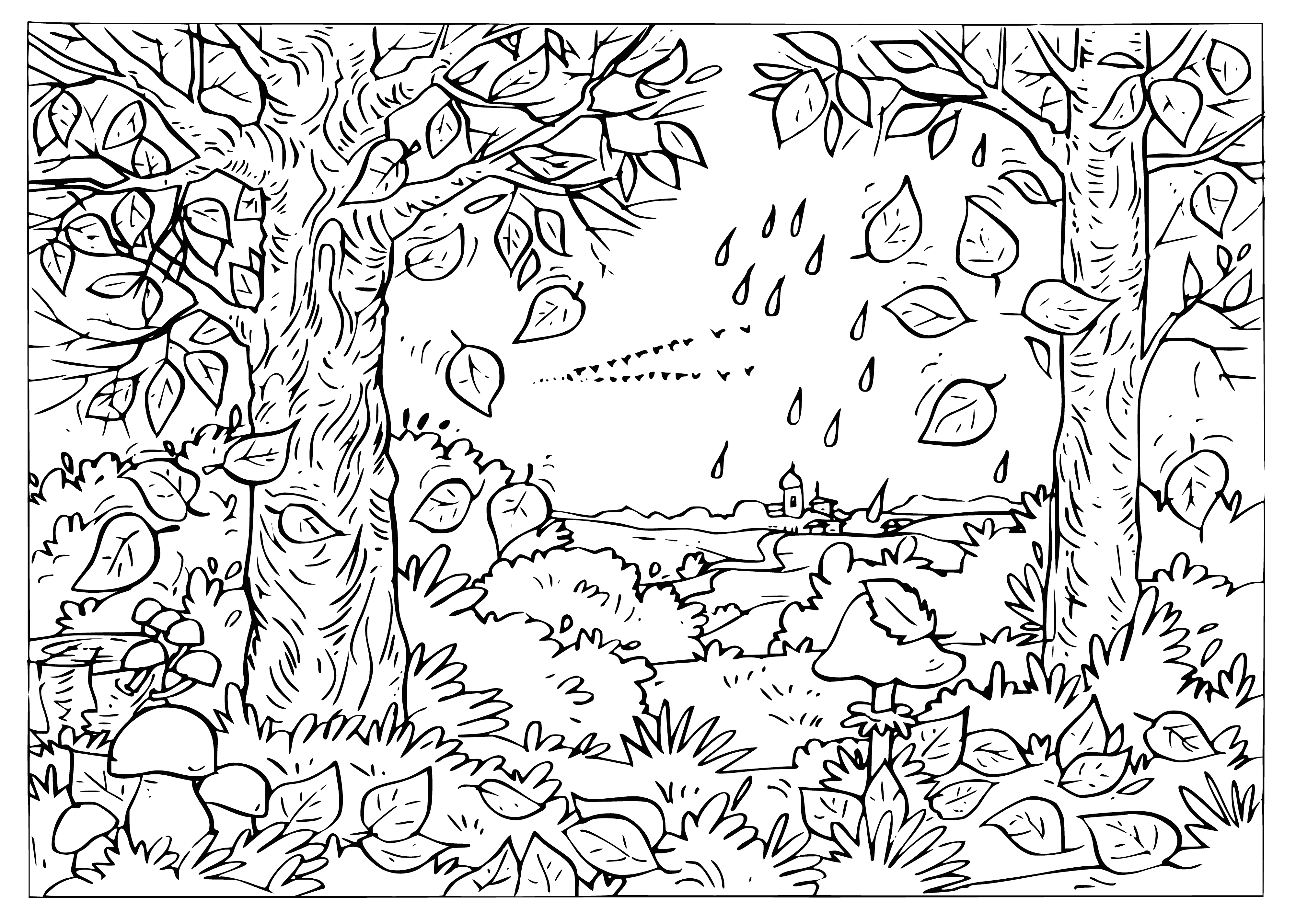 coloring page: Leaves falling, pumpkins on the ground, fire-colored sky & sun-kissed grass, Autumn is here!