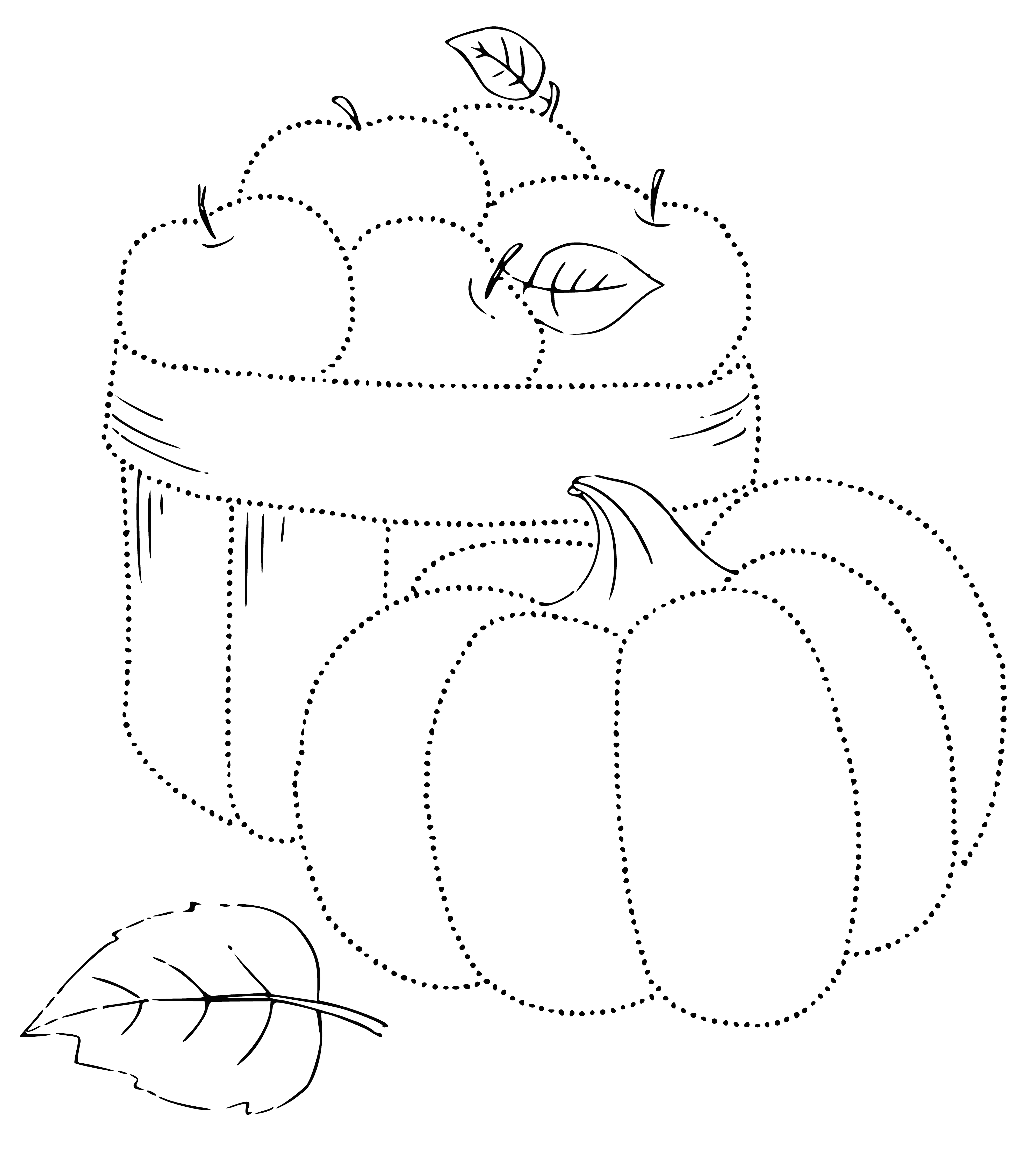 coloring page: A plump orange pumpkin rests under a breathtaking autumn sunset, trees nearby turning vivid colors.
