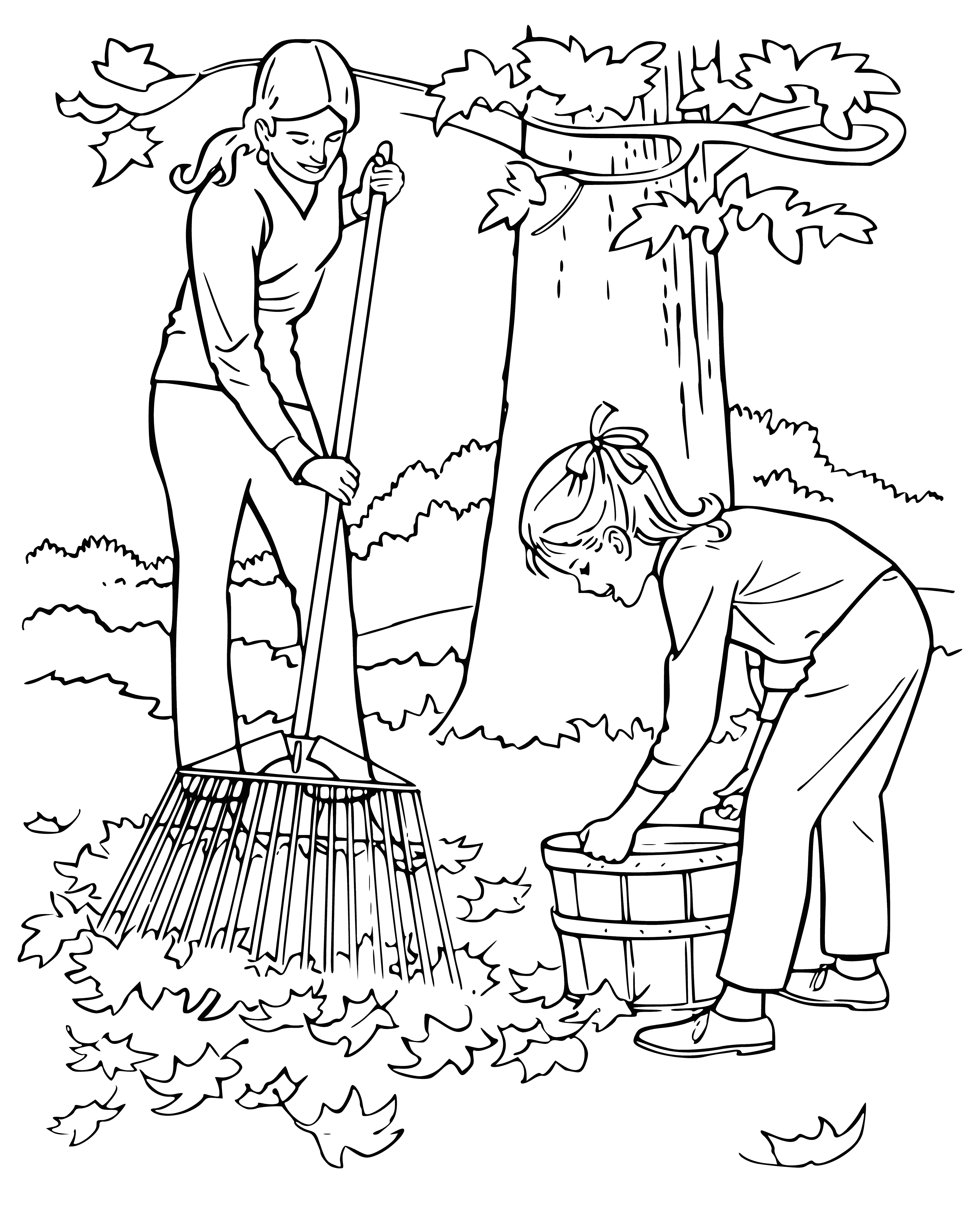 Cleaning fallen leaves coloring page