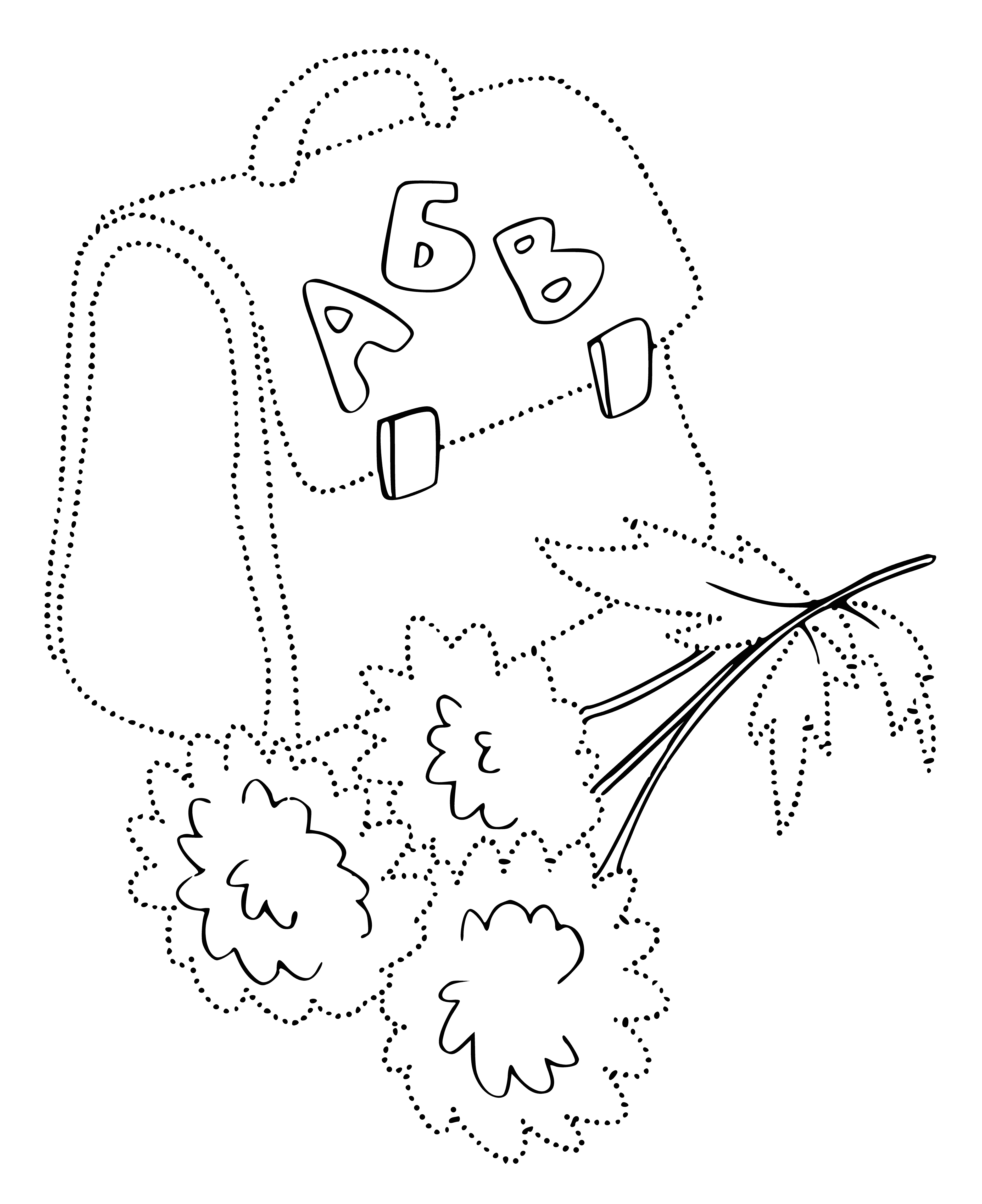 coloring page: Kids playing in colorful leaves, a squirrel gathering nuts and a boy flying a kite in a perfect blue sky.
