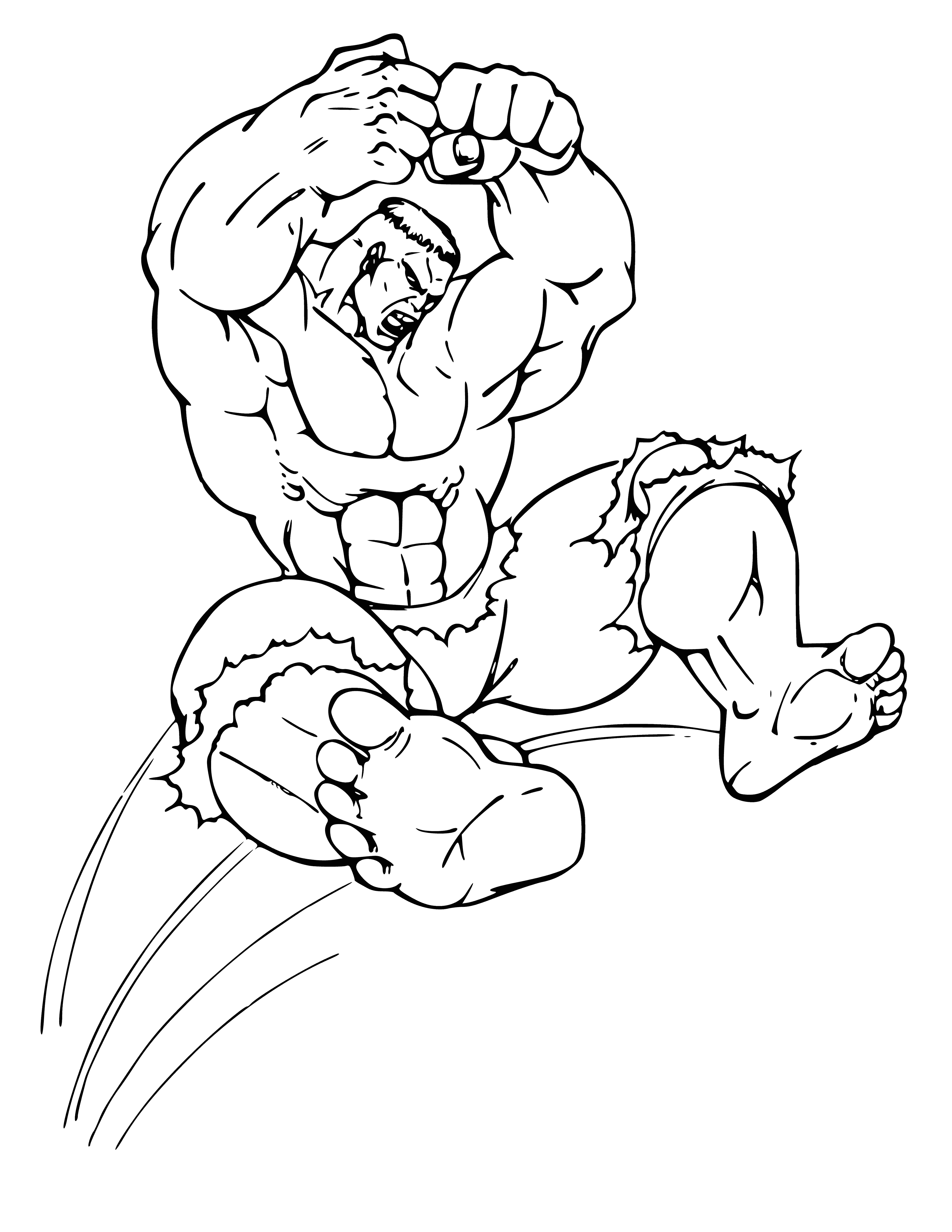 coloring page: Large green creature with bulging muscles bouncing on trampoline. Has wide mouth and big teeth, small angry eyes. Short black hair, wearing purple pants.