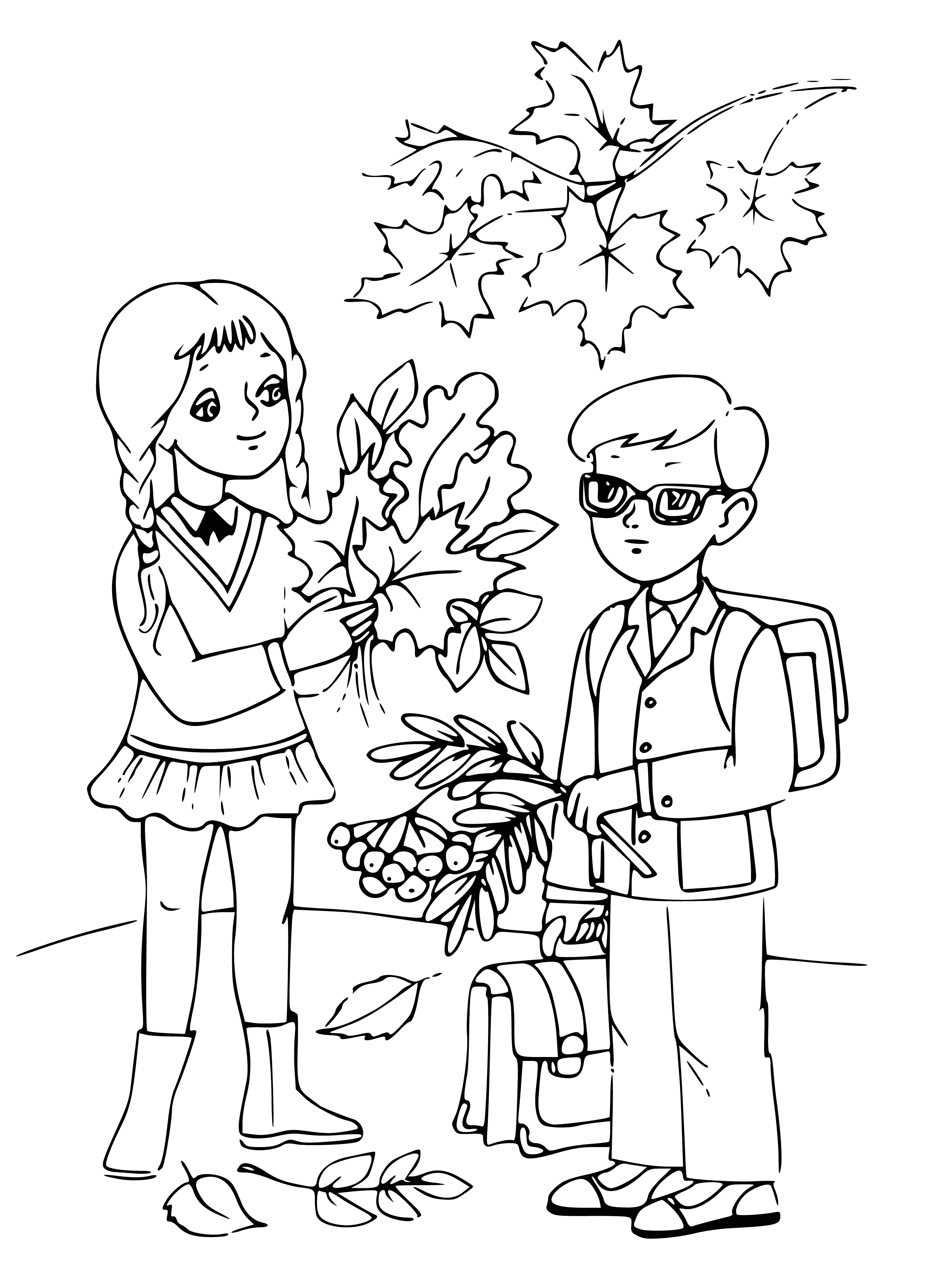 coloring page: Autumn days: Leaves falling, trees changing, ground covered, sky a clear blue.