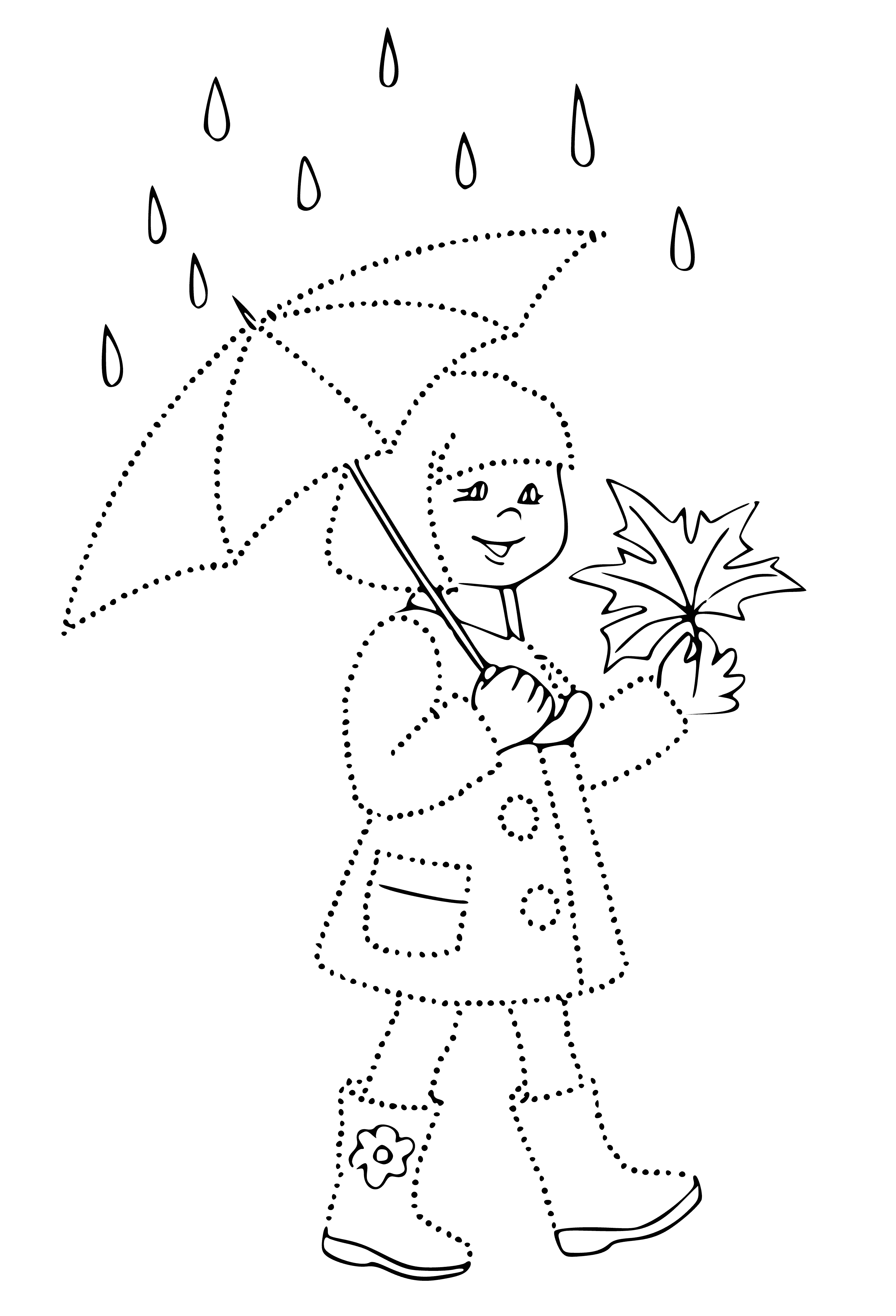 coloring page: Girl stands under red/orange umbrella holding a rake. Behind her is colorful tree, leaves litter ground.