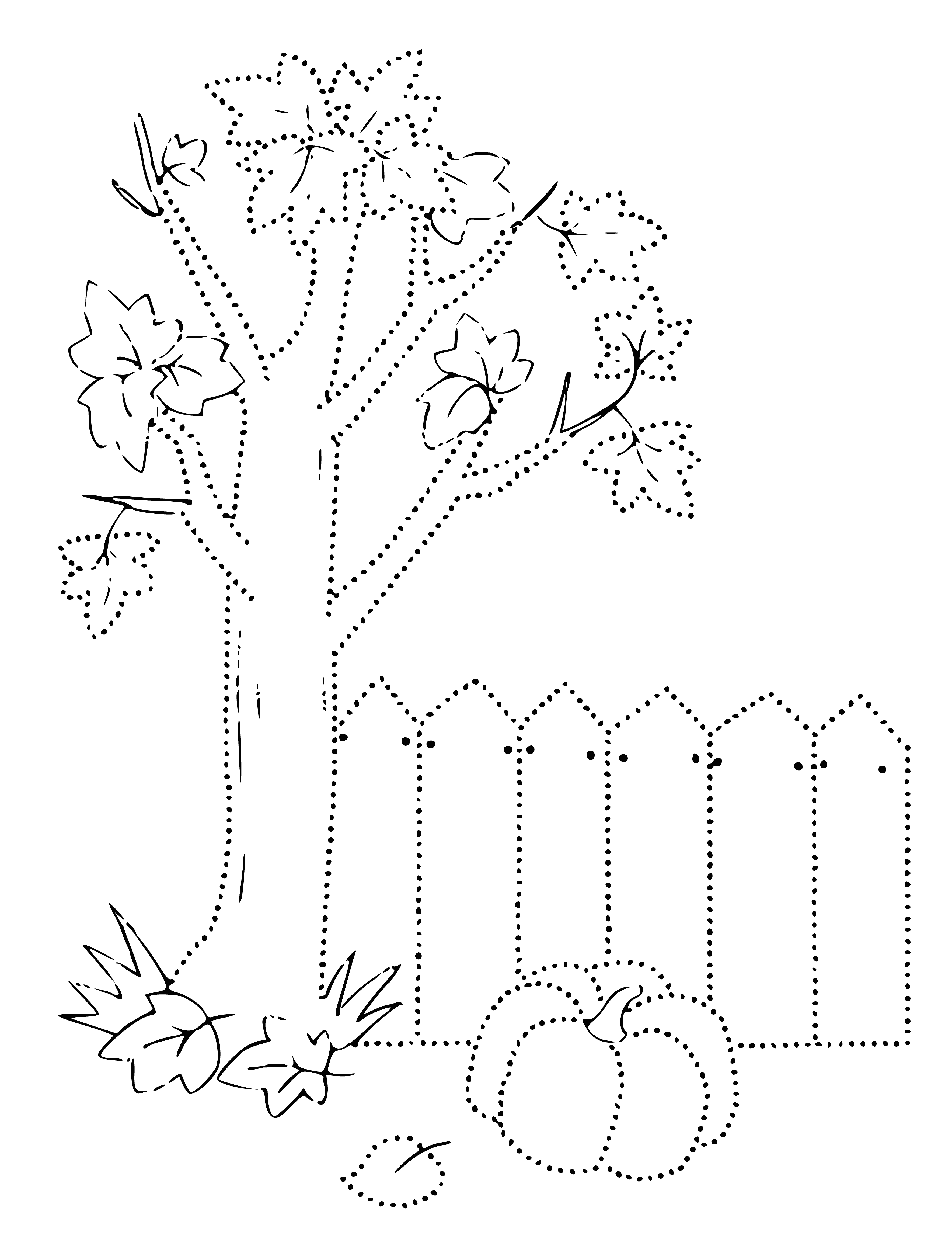 coloring page: Leaves falling, trees getting ready for winter. Leaves red, yellow & orange. Blue sky, sunshine.