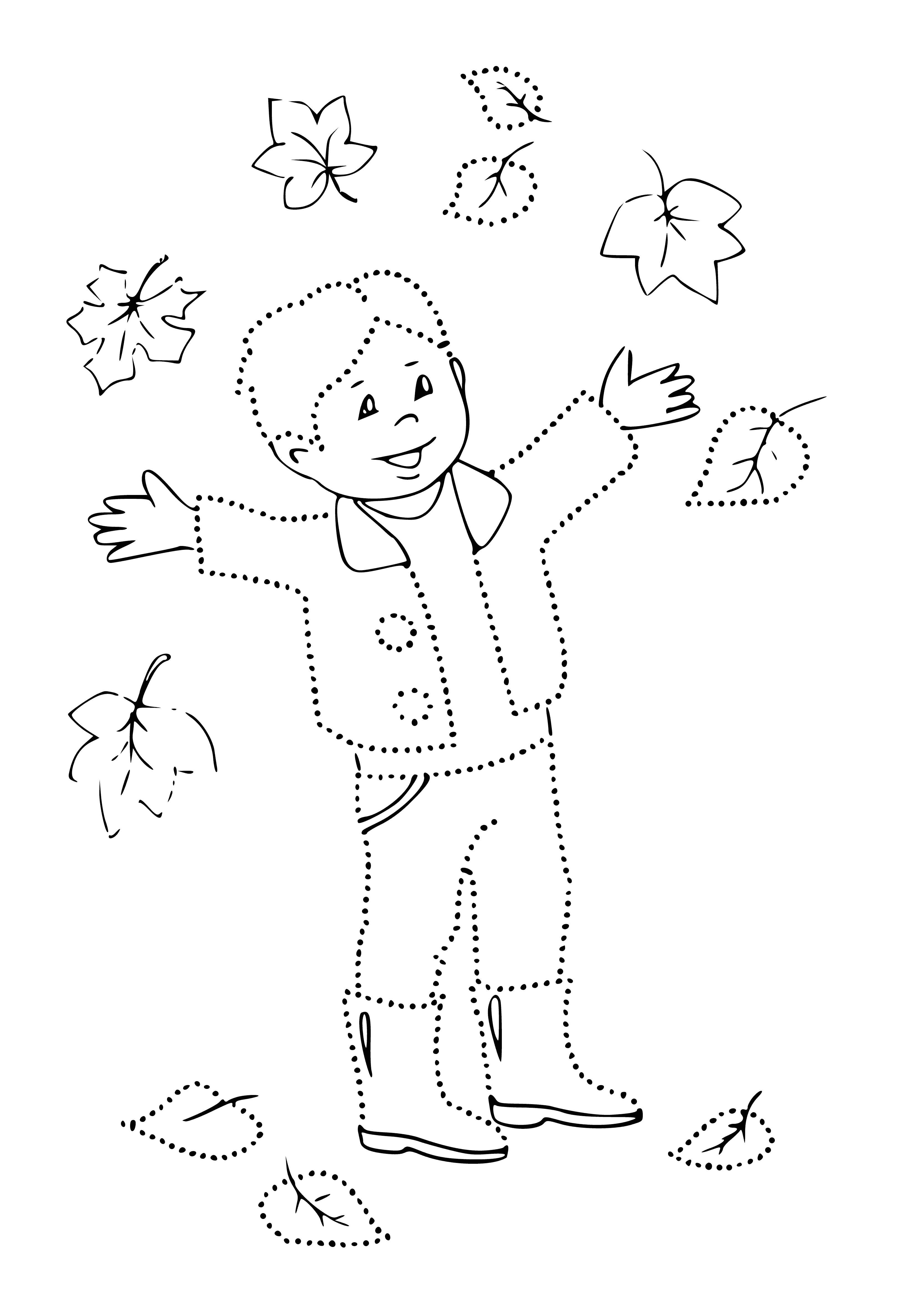 Niño jugando con hojas caídas página para colorear