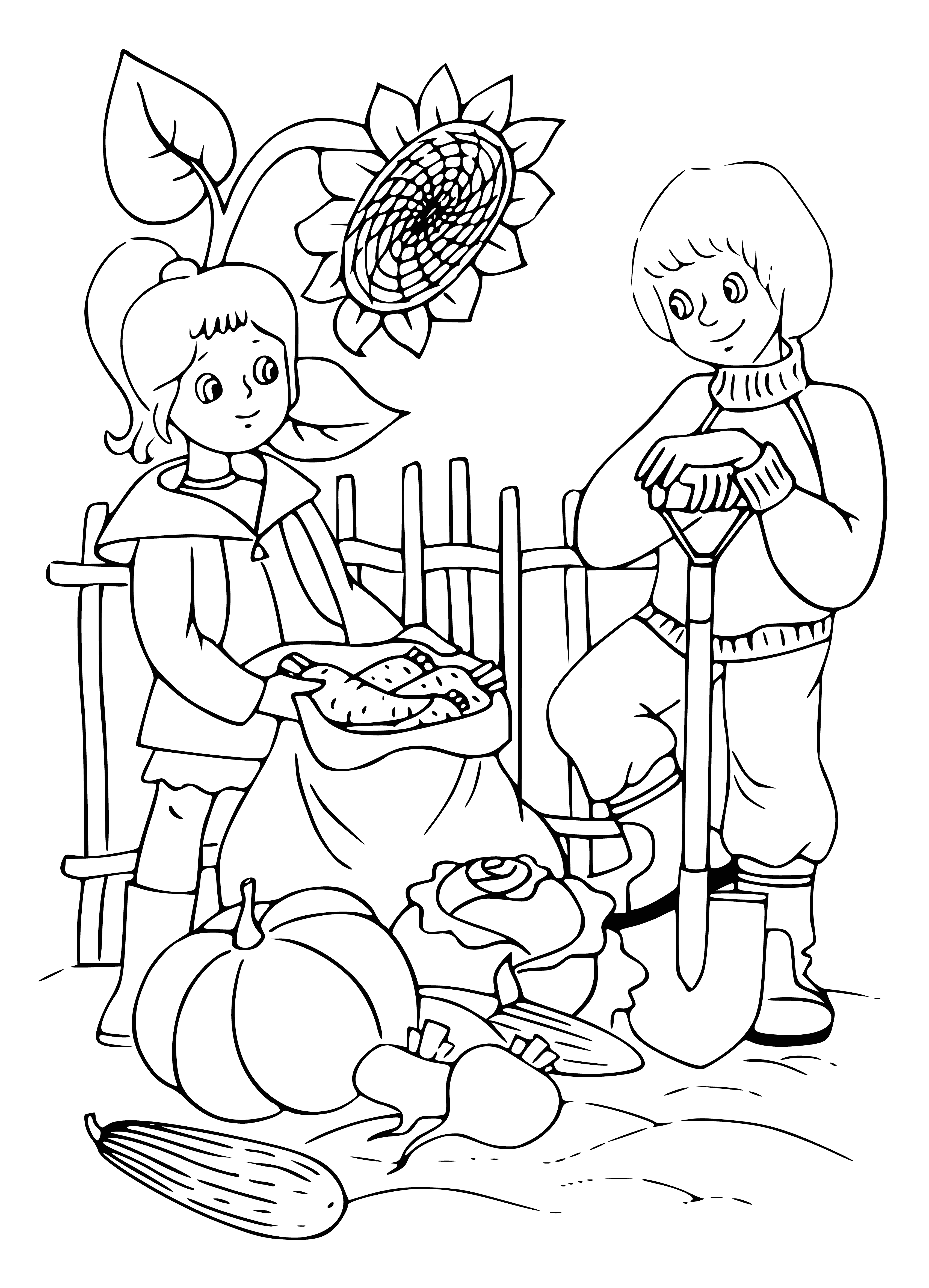 coloring page: 6 veg. in a coloring page - pumpkin, corn, carrot, turnip, onion, & potato. Background is orange, yellow, & red, representing fall leaves.