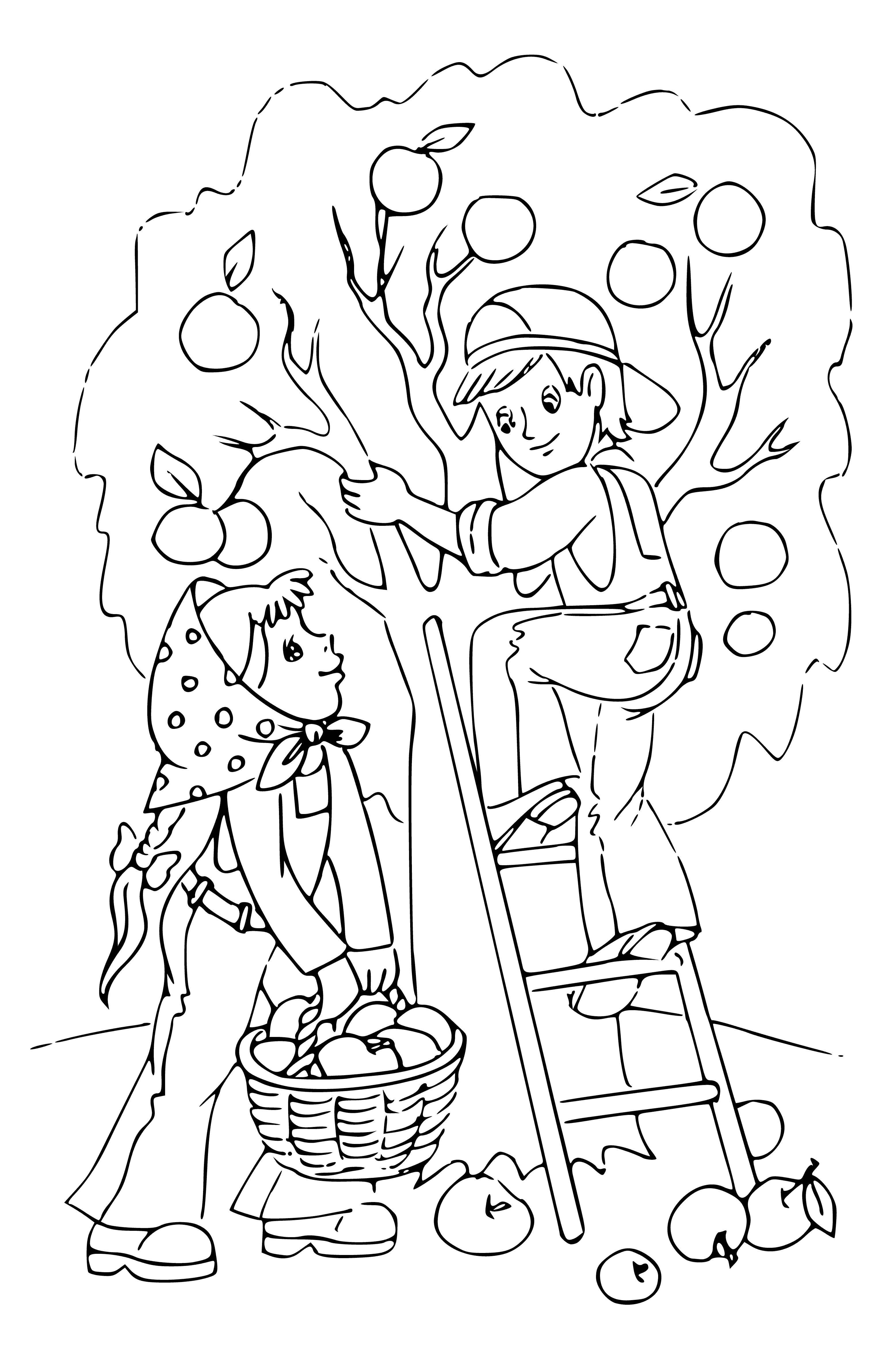 coloring page: Plump orange pumpkin surrounded by colorful leaves; scarecrow in plaid, straw-filled body, yellow ladder & red bucket overflowing with more pumpkins. #autumn