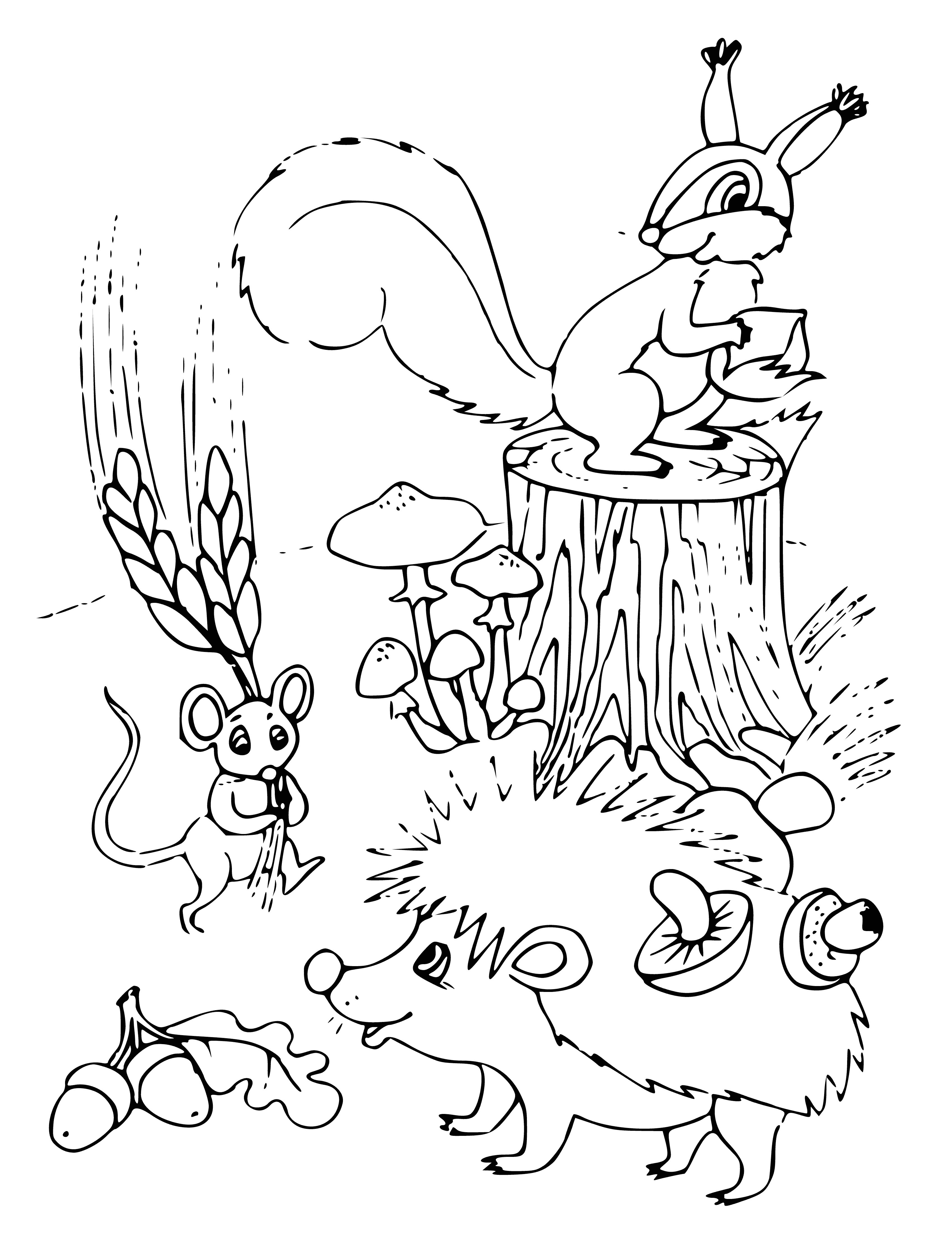 coloring page: Animals gathering wood/leaves for winter/picking apples off trees for food/shelter.