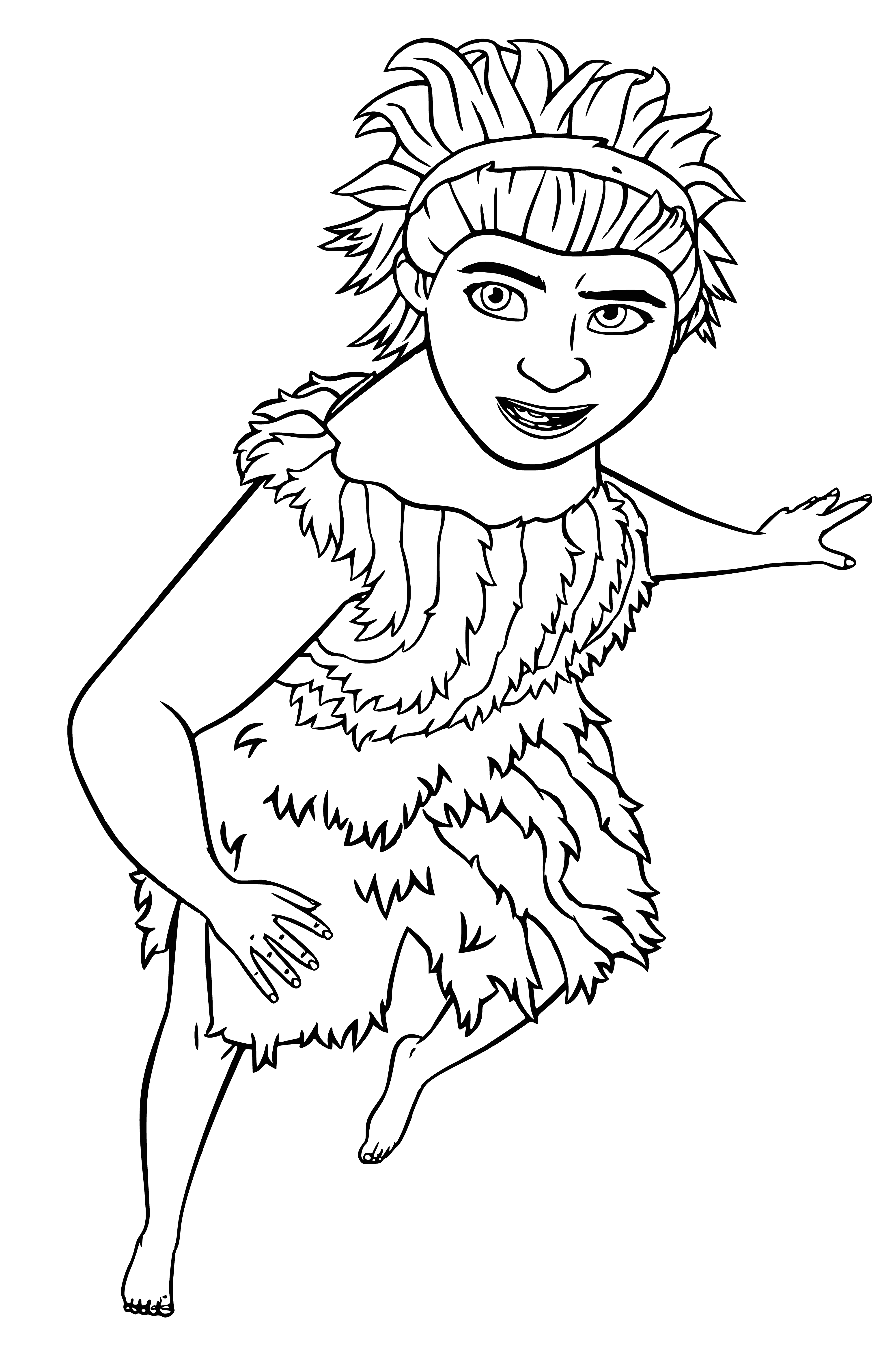 coloring page: Girl in white dress stands in blue sky with clouds. Wears brown belt, pendant & shoes. #coloringpage