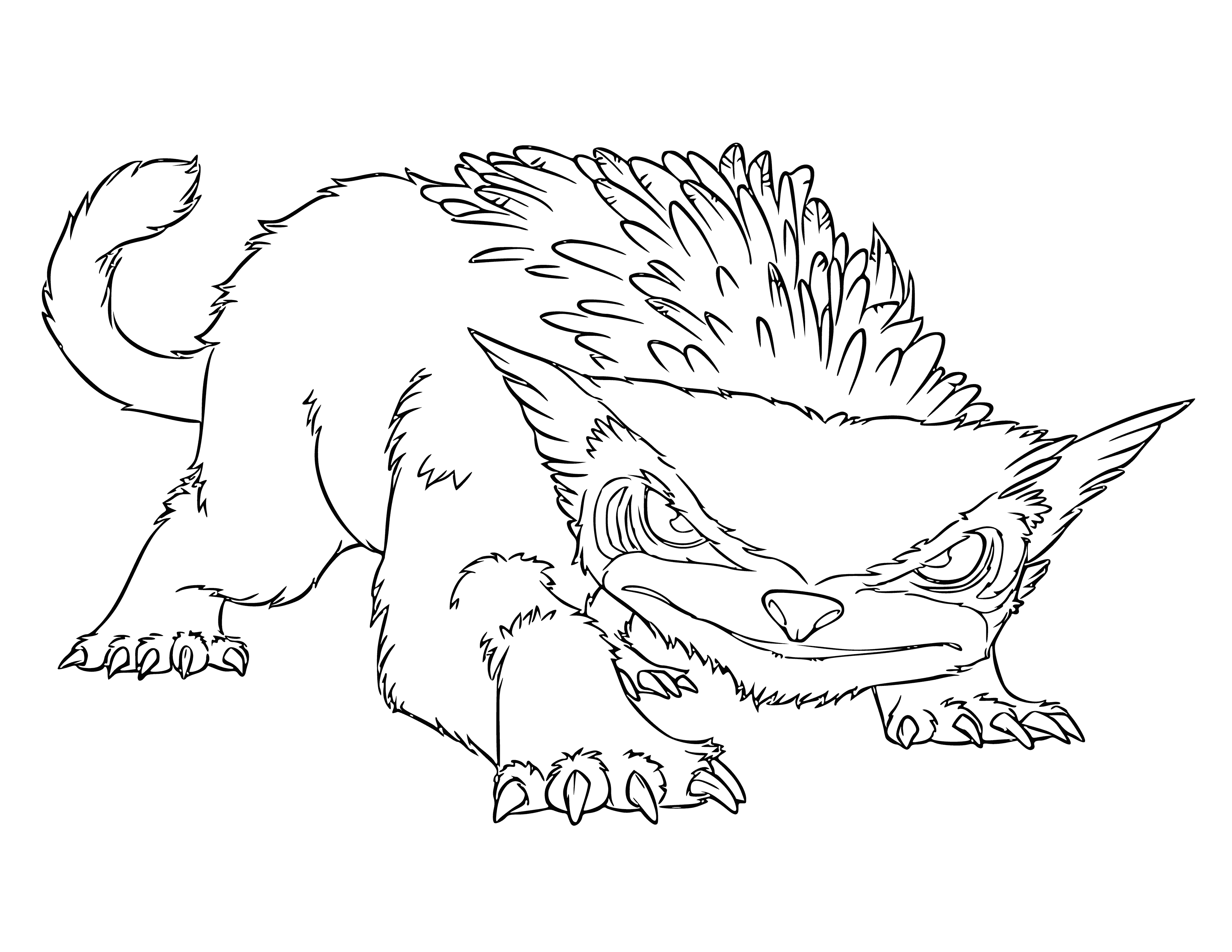 coloring page: Croods' Owl bear is a furry orange & white creature standing on two legs with big, yellow eyes.