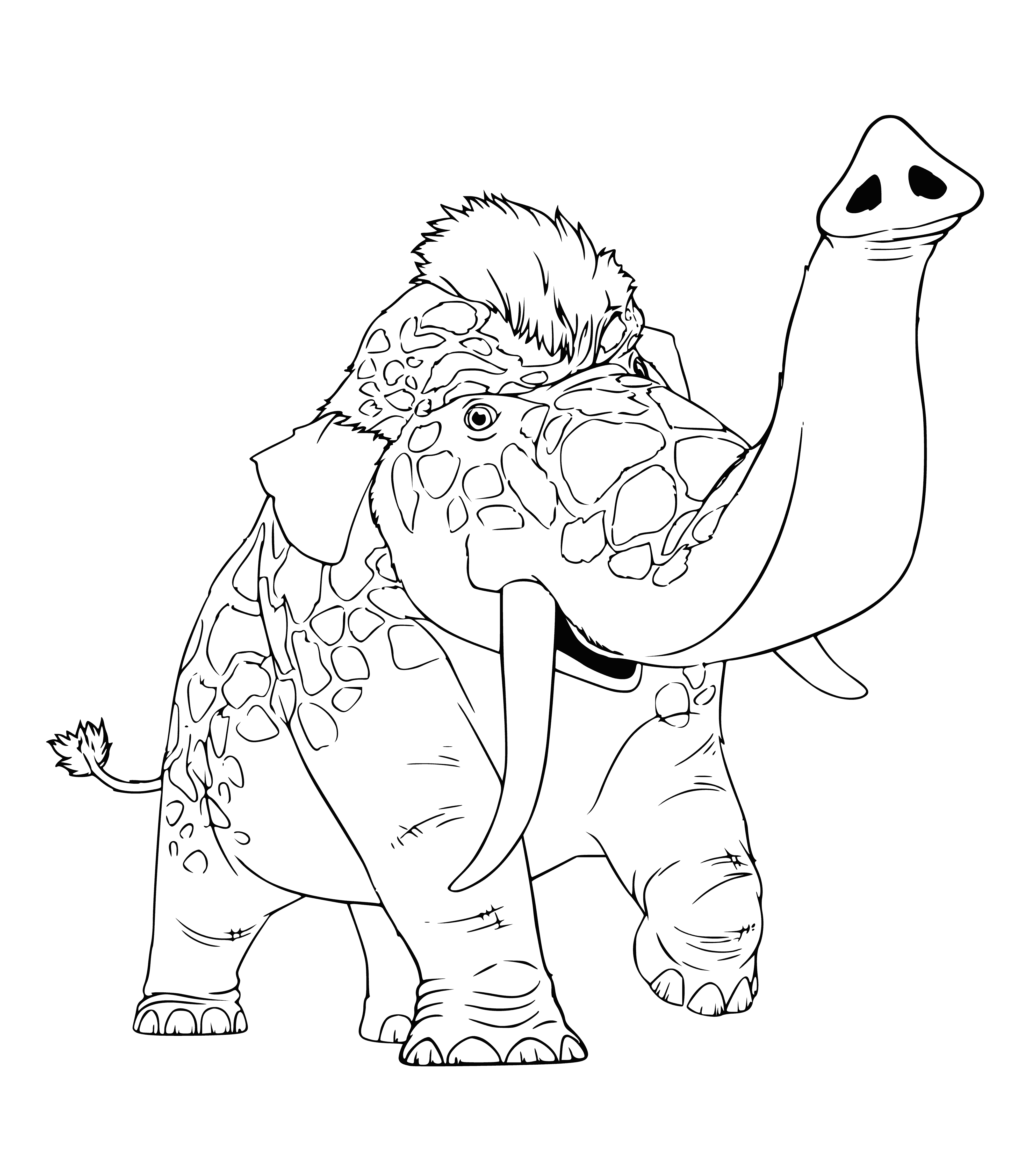 coloring page: In a dry landscape a huge, furry orange elephant-like creature with a long neck and legs eats from a tree, using its trunk for support.