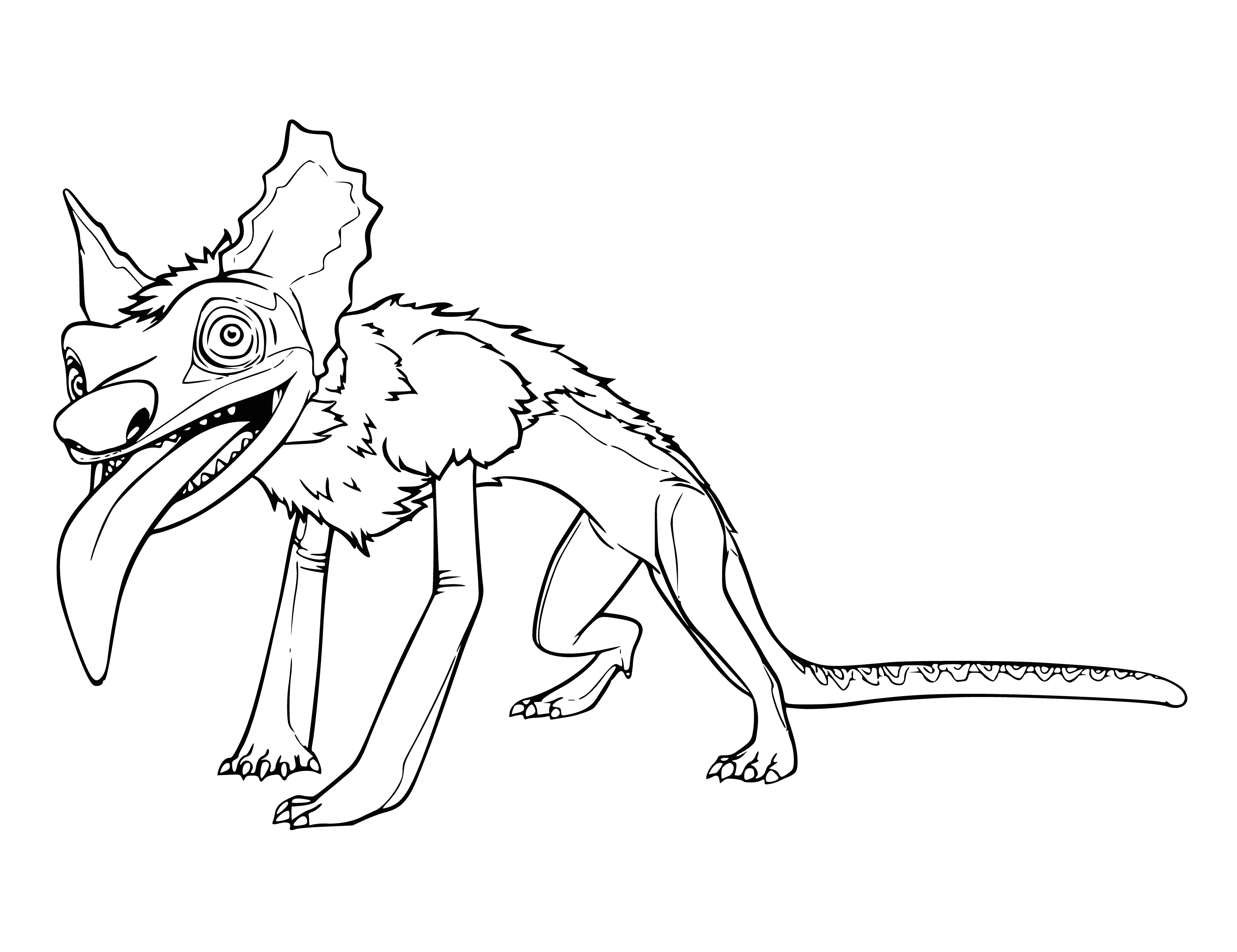 coloring page: The Croods' Lizard is a green, spiky-backed reptile with a long tail & tongue.