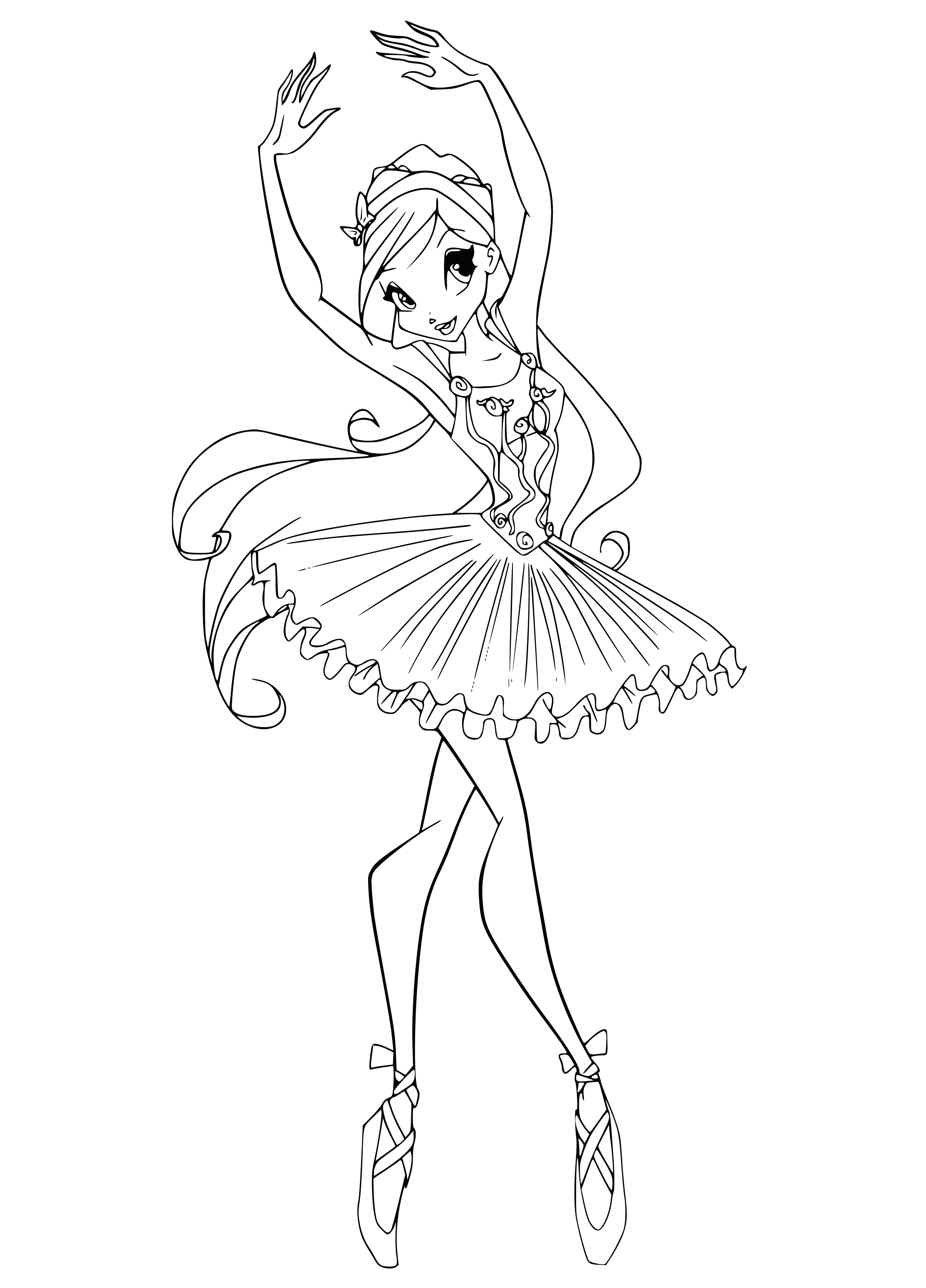 coloring page: Woman in pink dress stands on toes, one arm extended overhead, other on waist. Blond hair in a bun and pink ribbon. Serious expression.