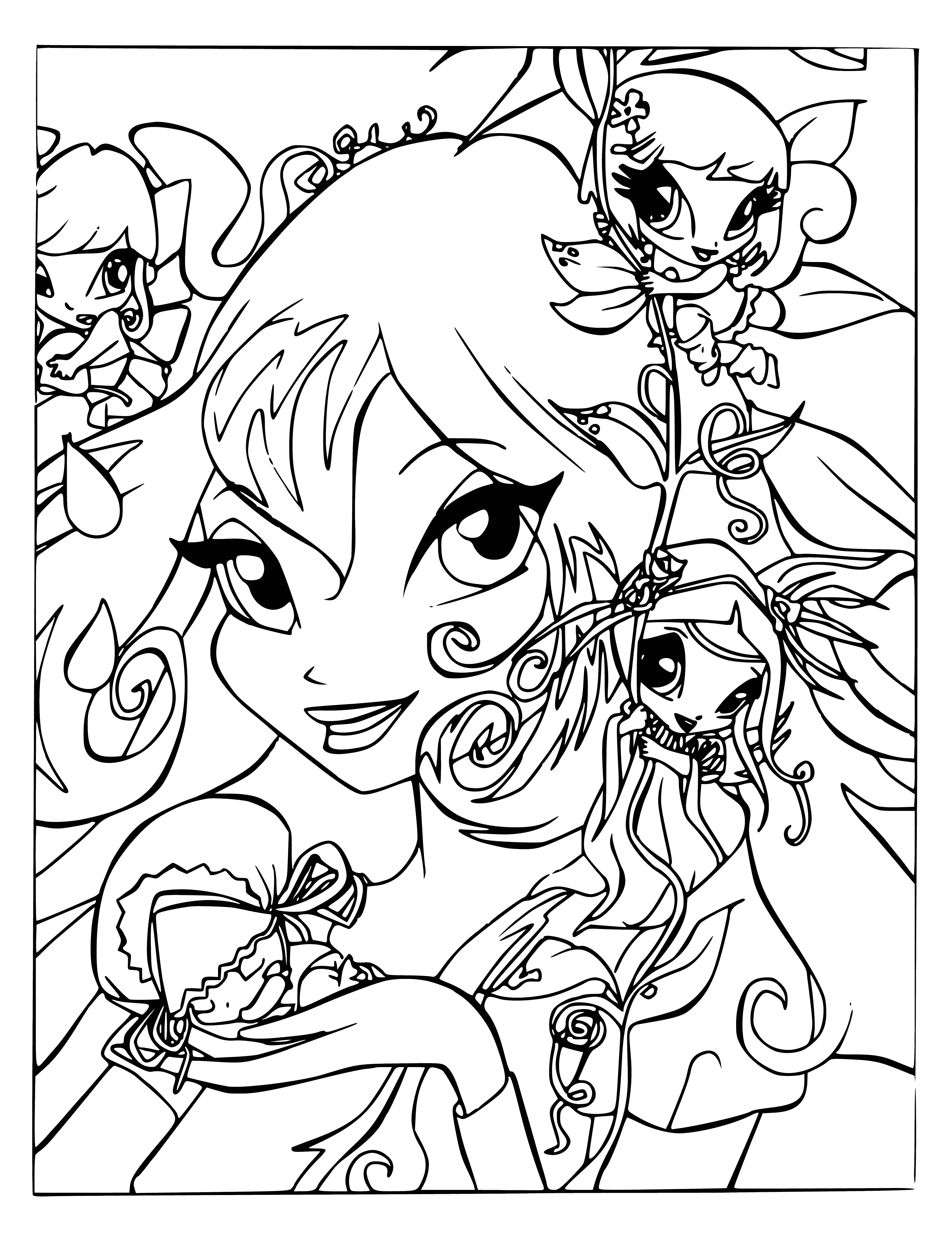 coloring page: Girl with flower crown & wand surrounded by butterflies.
