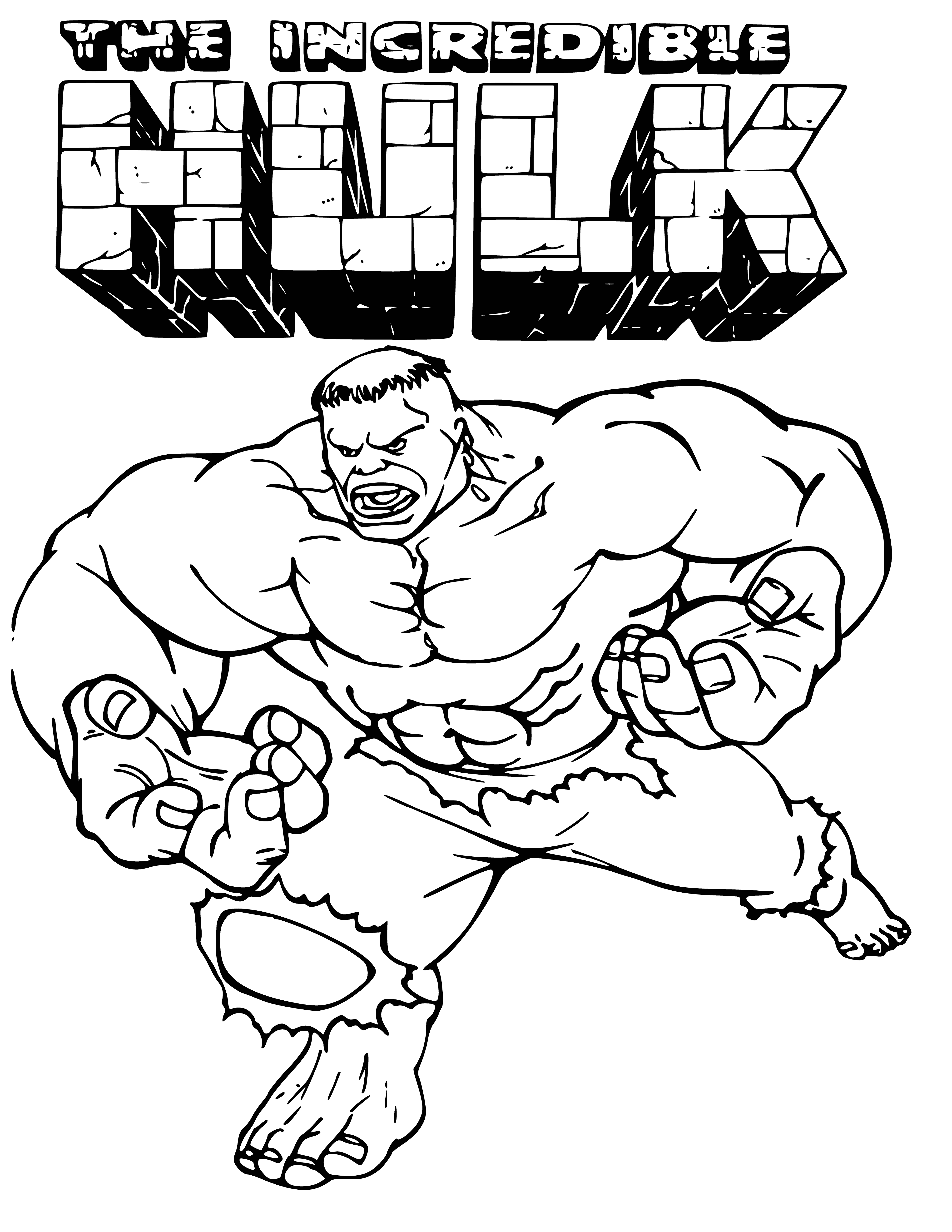 coloring page: The Hulk is a powerful and muscular green superhero with red eyes and sharp teeth. He wears a purple shorts and big belt, can jump high and is super strong! #TheIncredibleHulk