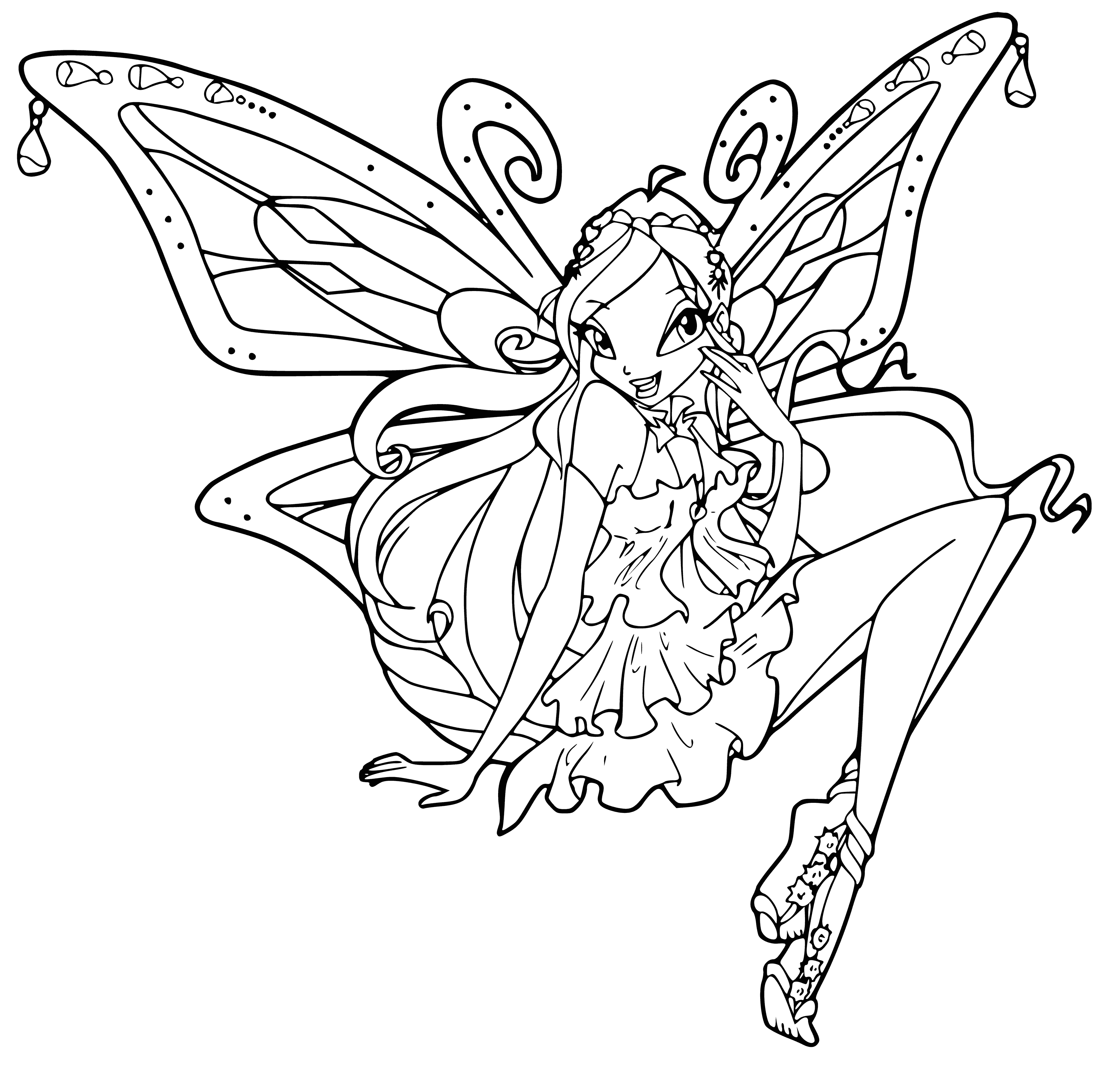 coloring page: Girl wearing pink dress, tiara & holding pink wand with white star. Blue eyes & small mouth. Background of pink butterfly shape.