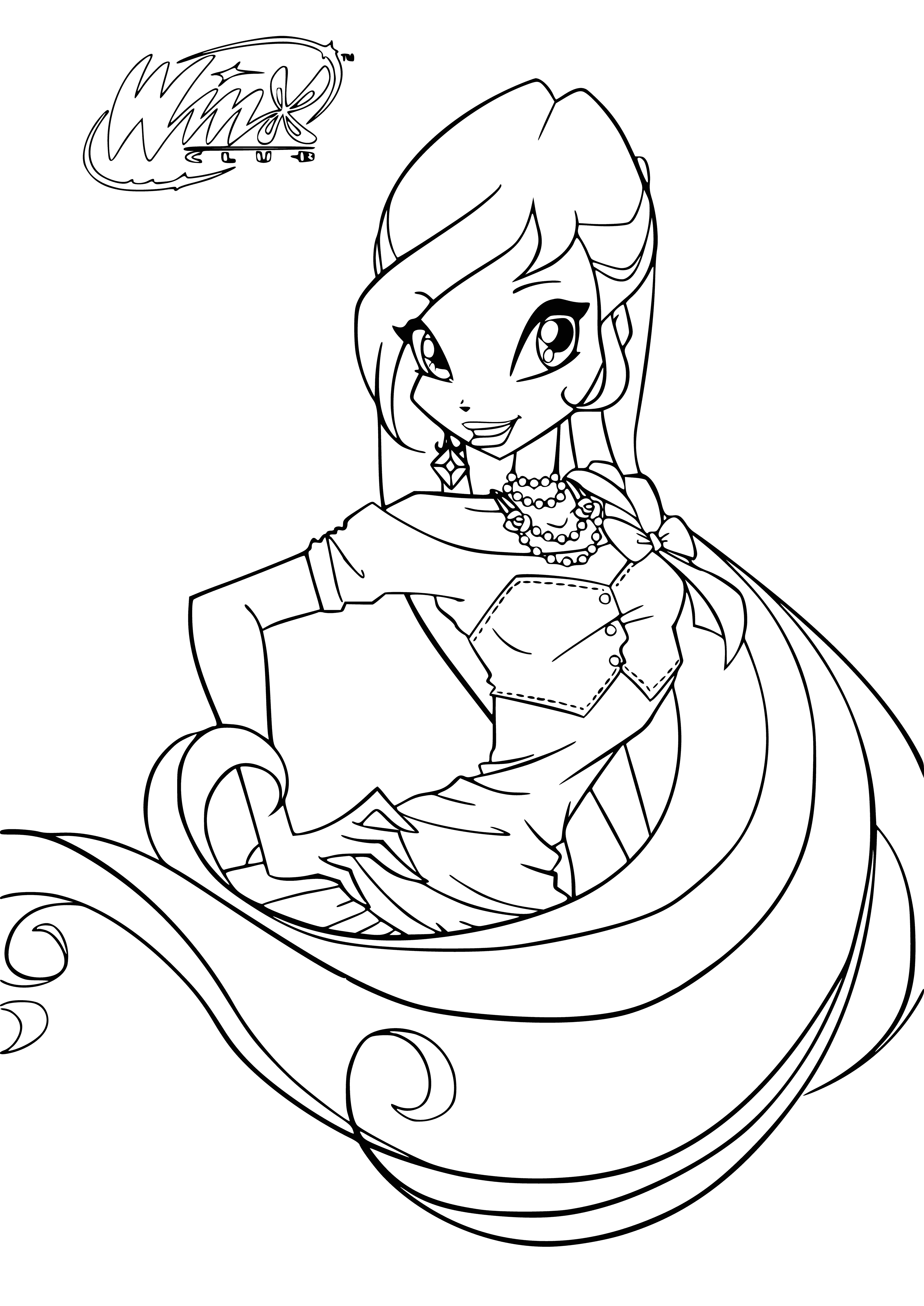 Woman in coloring page holds staff, outstretched hand, long purple hair, serious face, wearing purple robe.