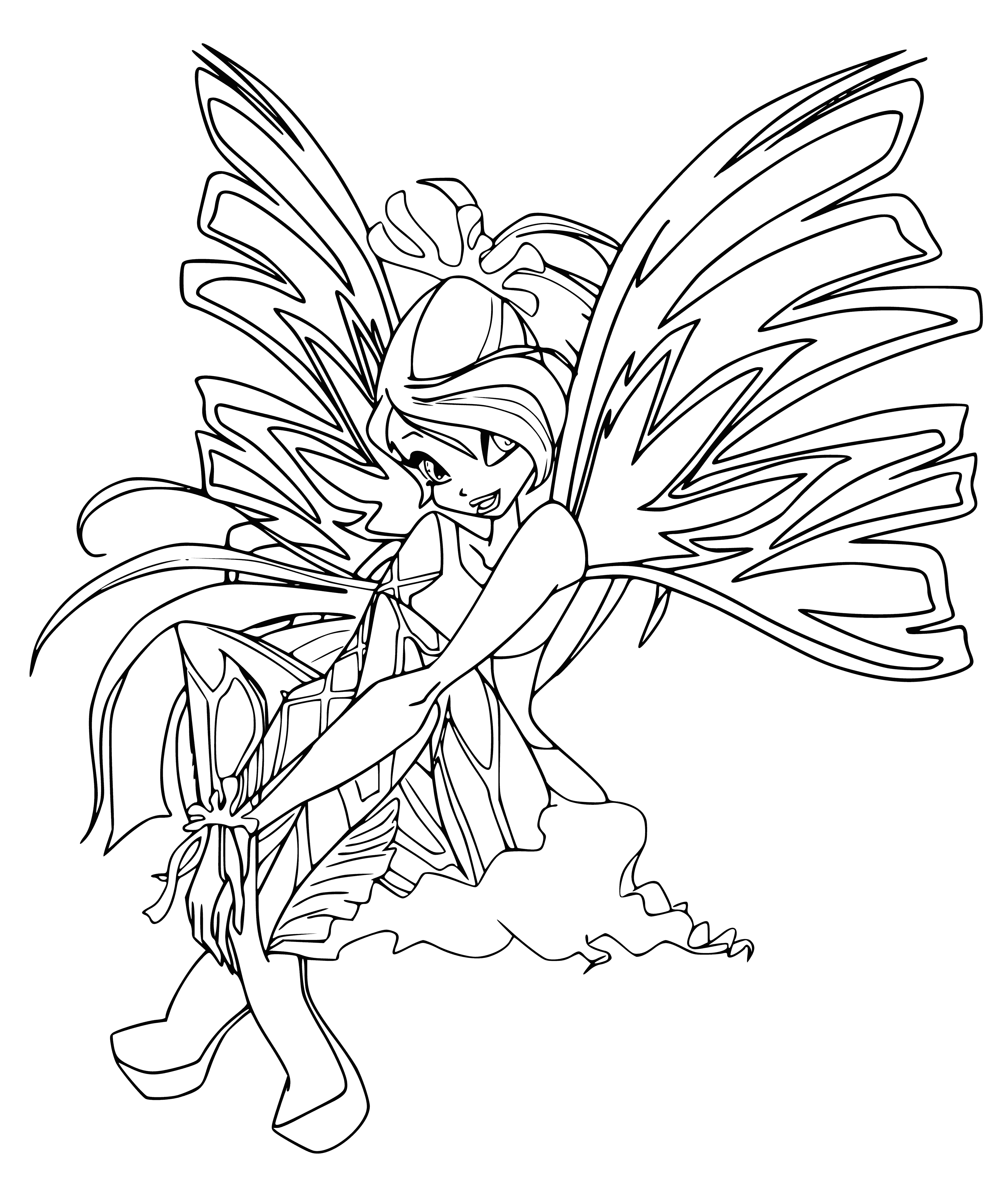 coloring page: Sireniks is a beautiful Bloom: long, curly hair, big blue eyes, long lashes, full pink lips, wearing a white dress with blue flowers.
