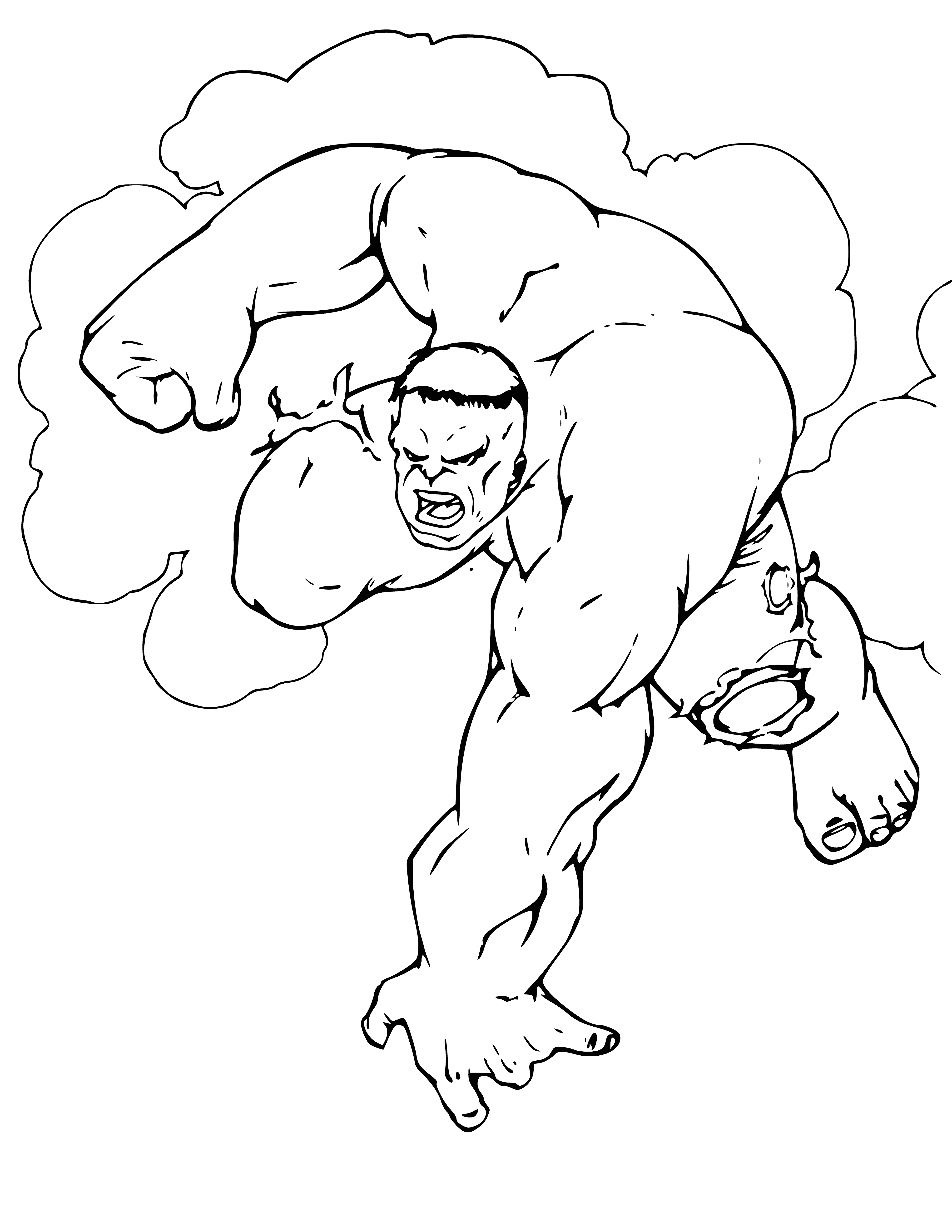 coloring page: The Hulk is a green-skinned superhuman with immense strength and no hair. Wears purple pants and has a gaping mouth of teeth.