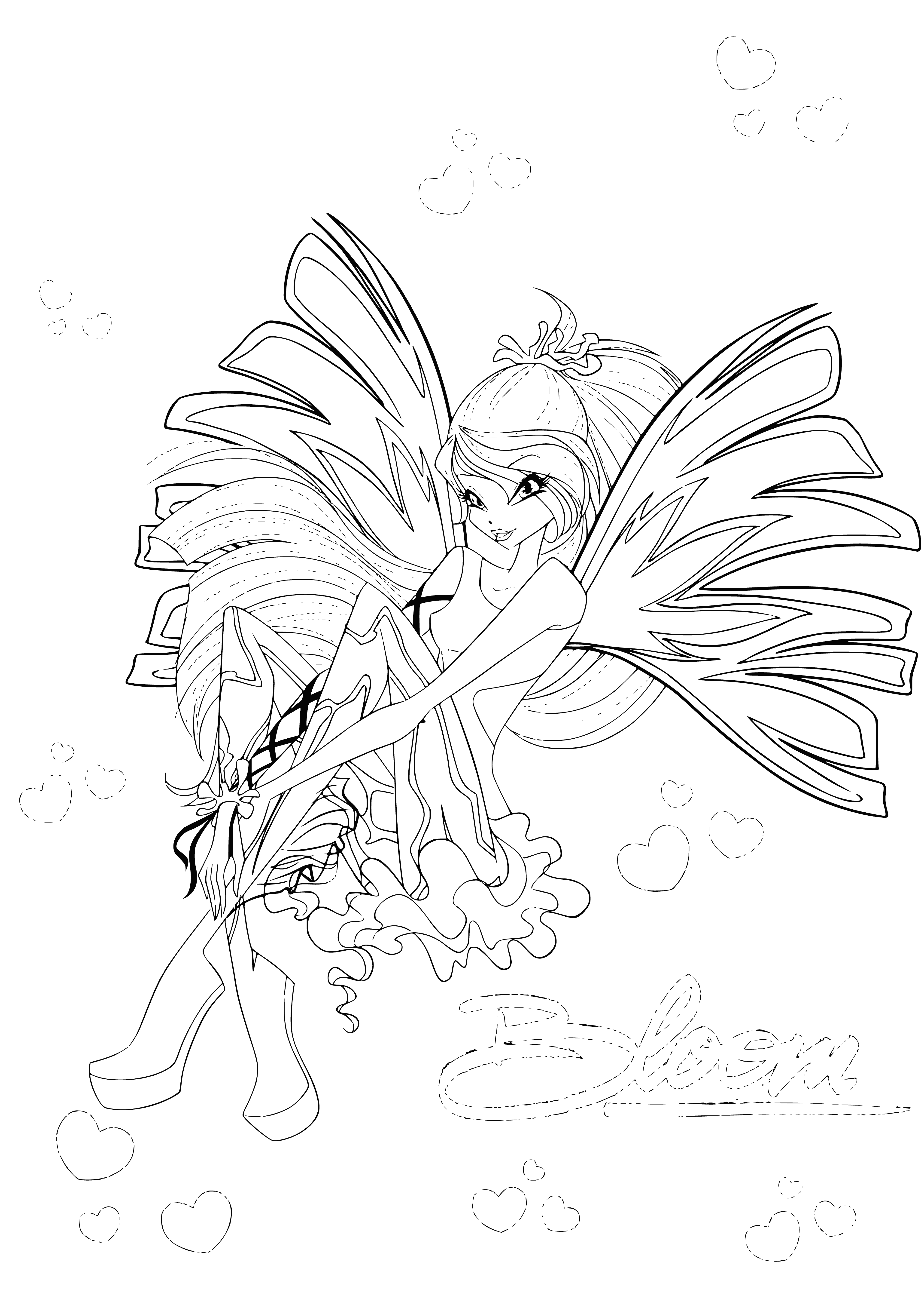 coloring page: Fairy Bloom Sirenix w/ long blonde hair, blue eyes & translucent wings. Wears blue dress w/ white underskirt. Has starfish in hair & pink/blue aura w/ sparkles around her.