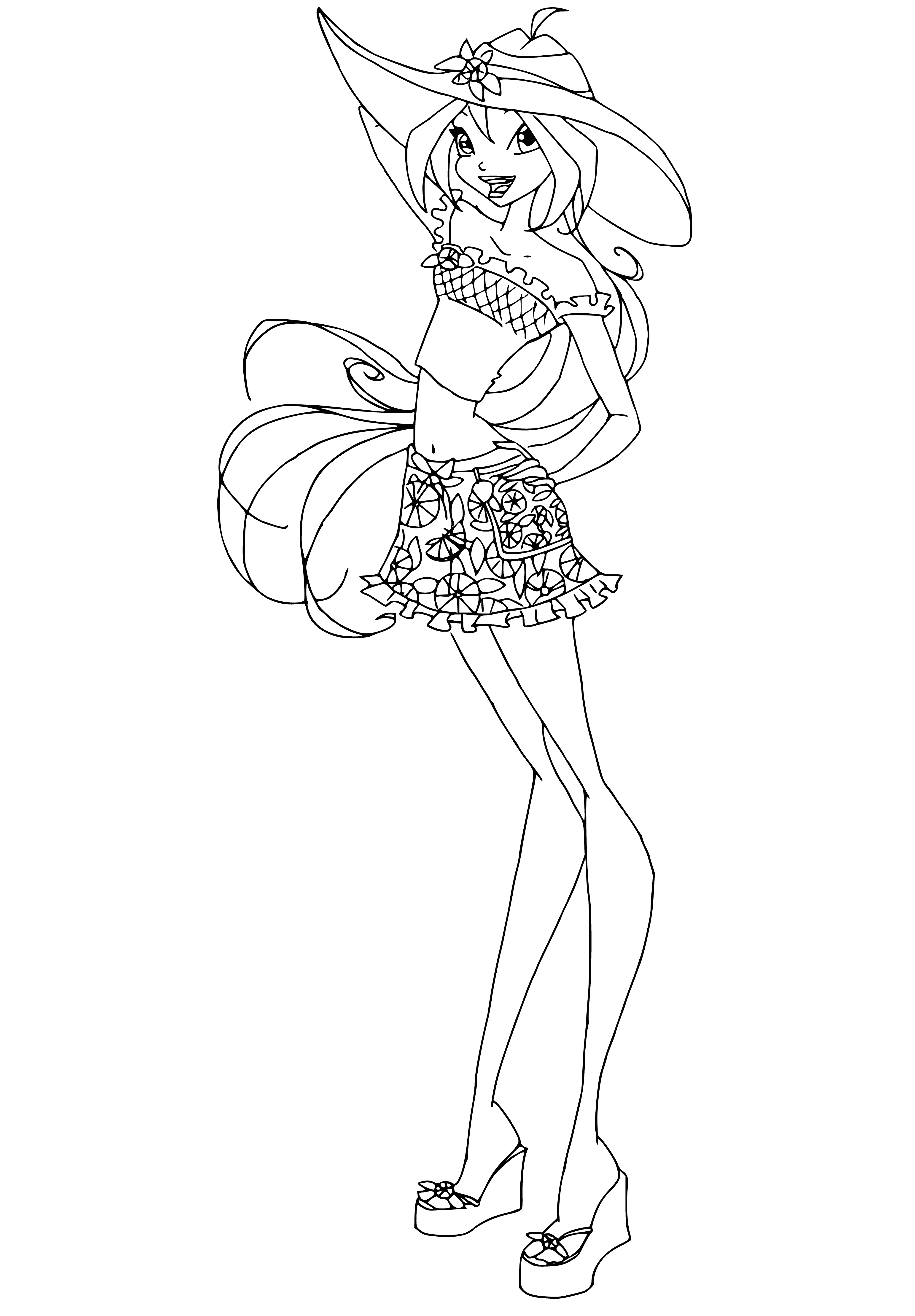 coloring page: Girl in white dress and green hat, holding a flower, with long brown hair. #coloringpages #flowerpower