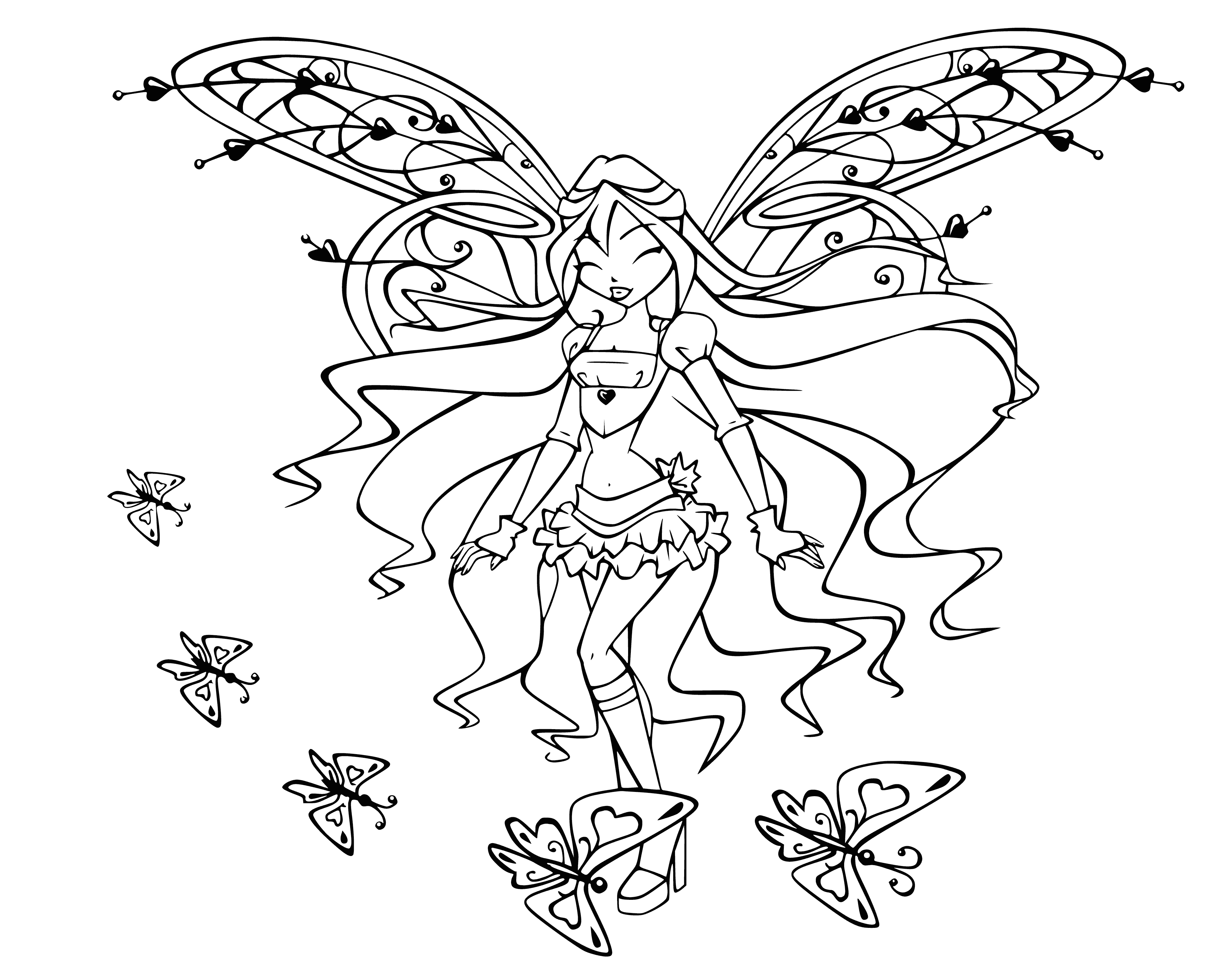 coloring page: A tall woman in a blue dress with blonde hair, blue eyes and large blue wings stands before a blue flower.