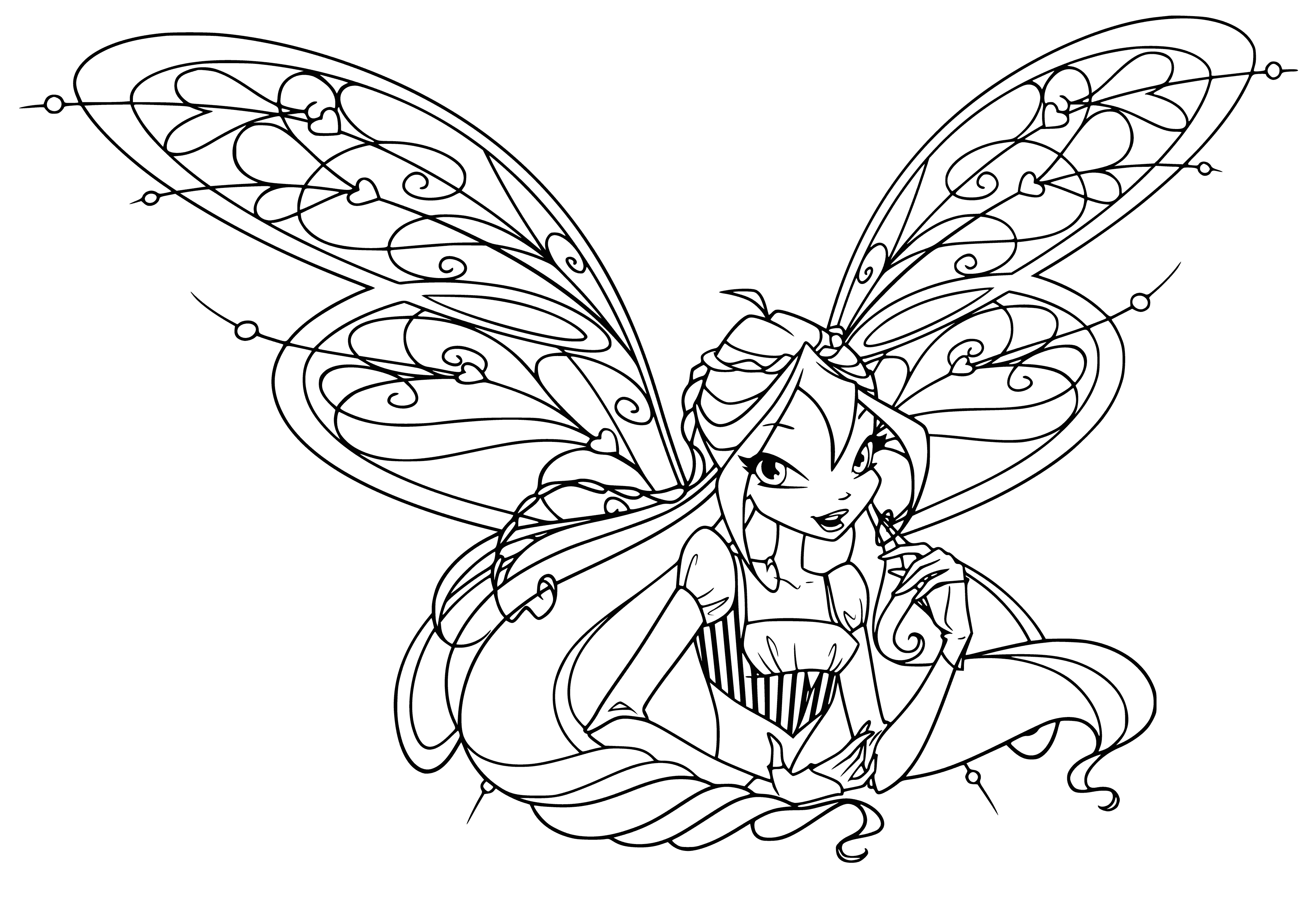 coloring page: Bloom stands in a field w/ arms and whip outstretched, surrounded by swirling green aura. She wears a green dress and hair's wild and free. #MagicalGirl