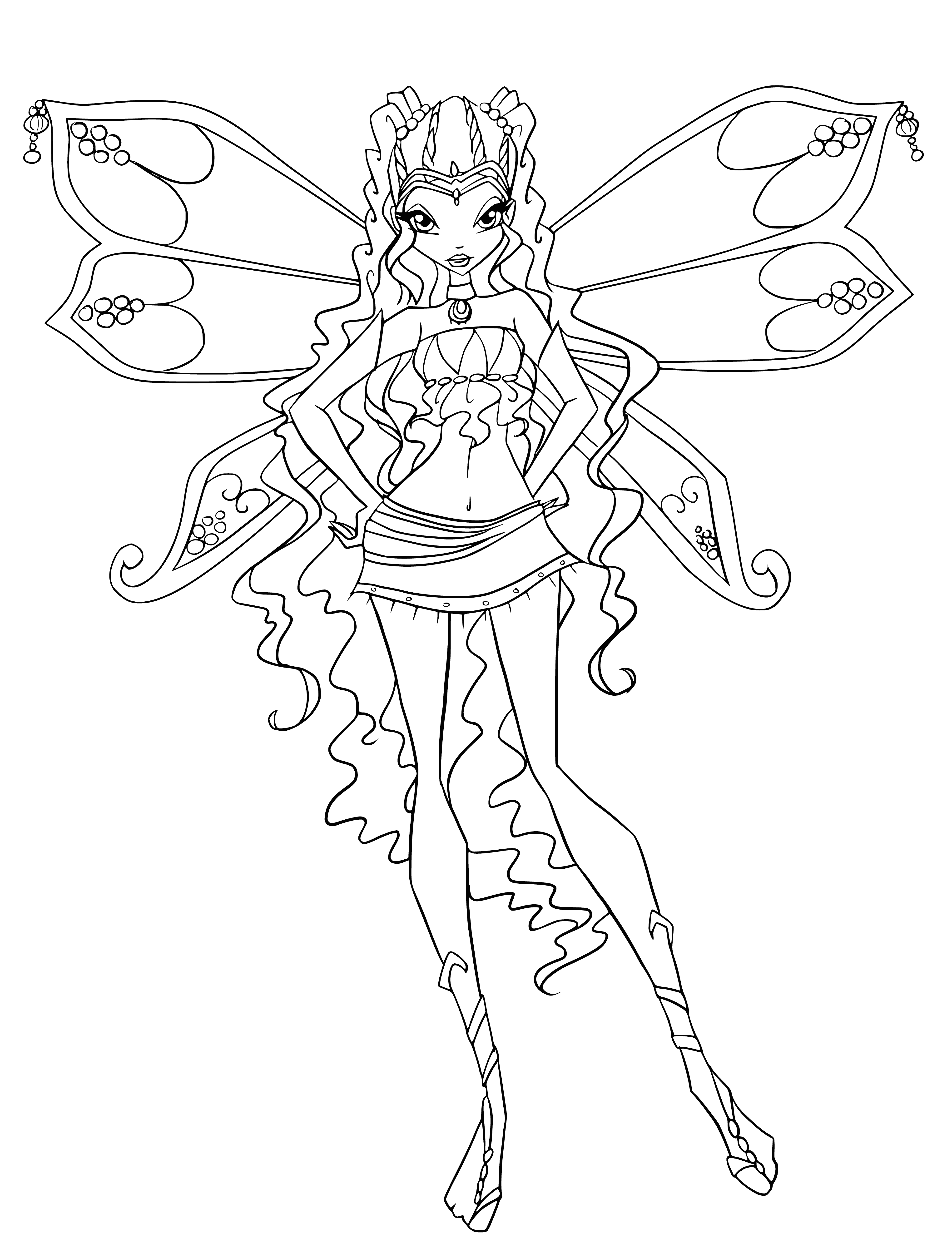 coloring page: Leila is a small girl with light skin, wavy brown hair, pink dress, white undershirt, brown boots, and pink bow. She's kind, carrying a brown staff.