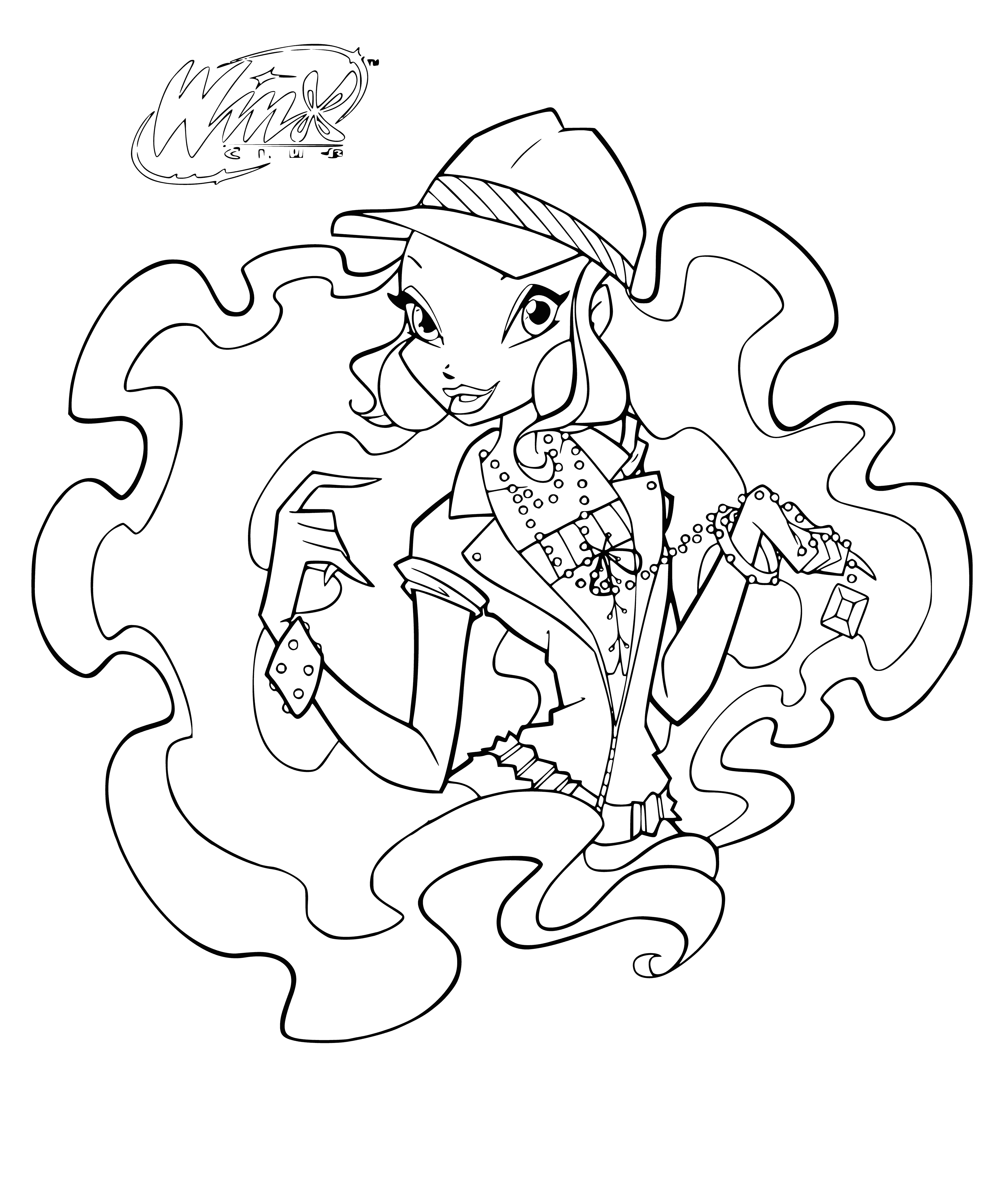 coloring page: Leila poses in a colorful dress and fashionable updo, sporting necklace & bracelet. #coloringpage