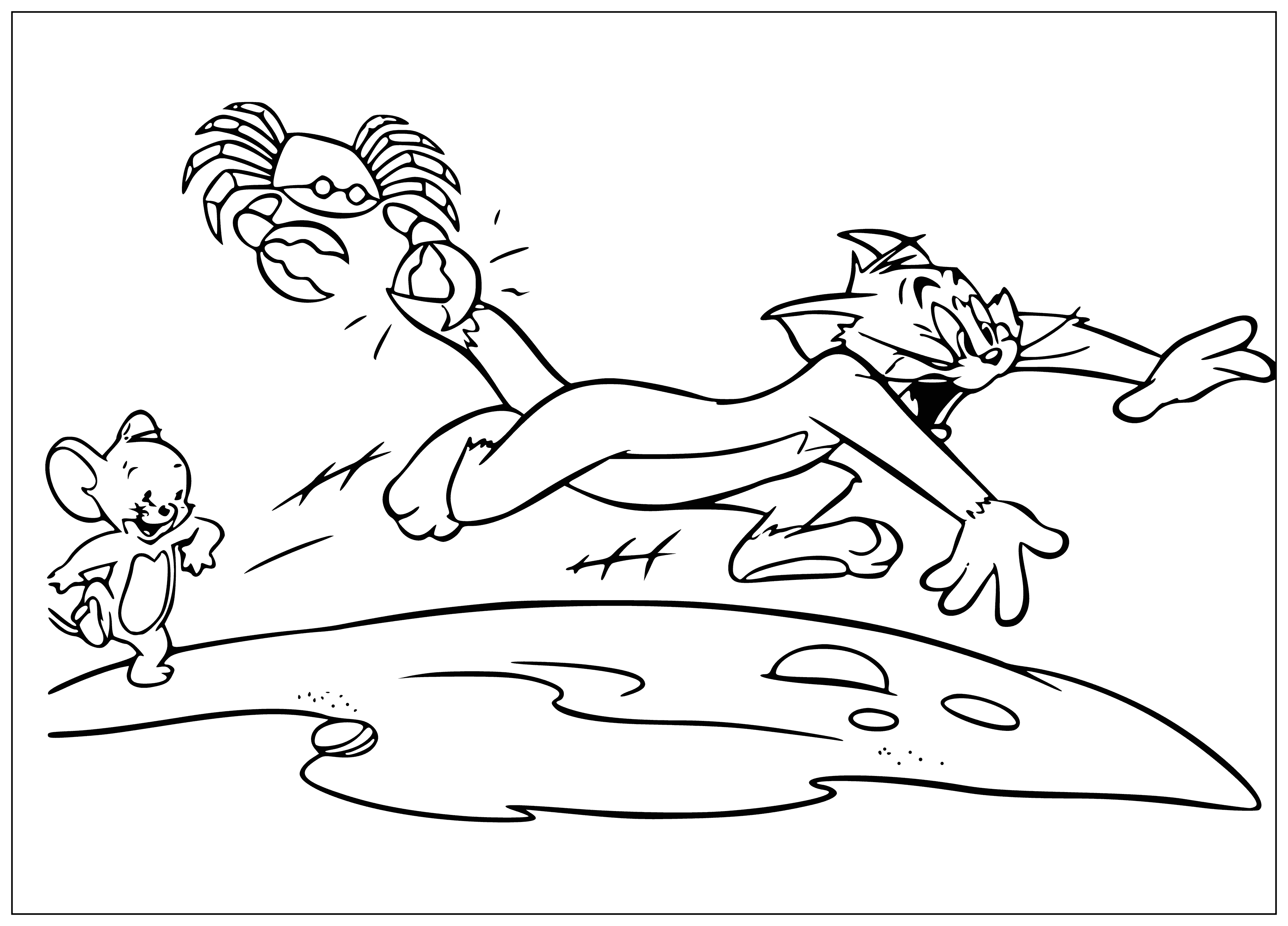 coloring page: Tom chases Jerry, who is laughing while running away, while Tom is angrily followed by a crab.