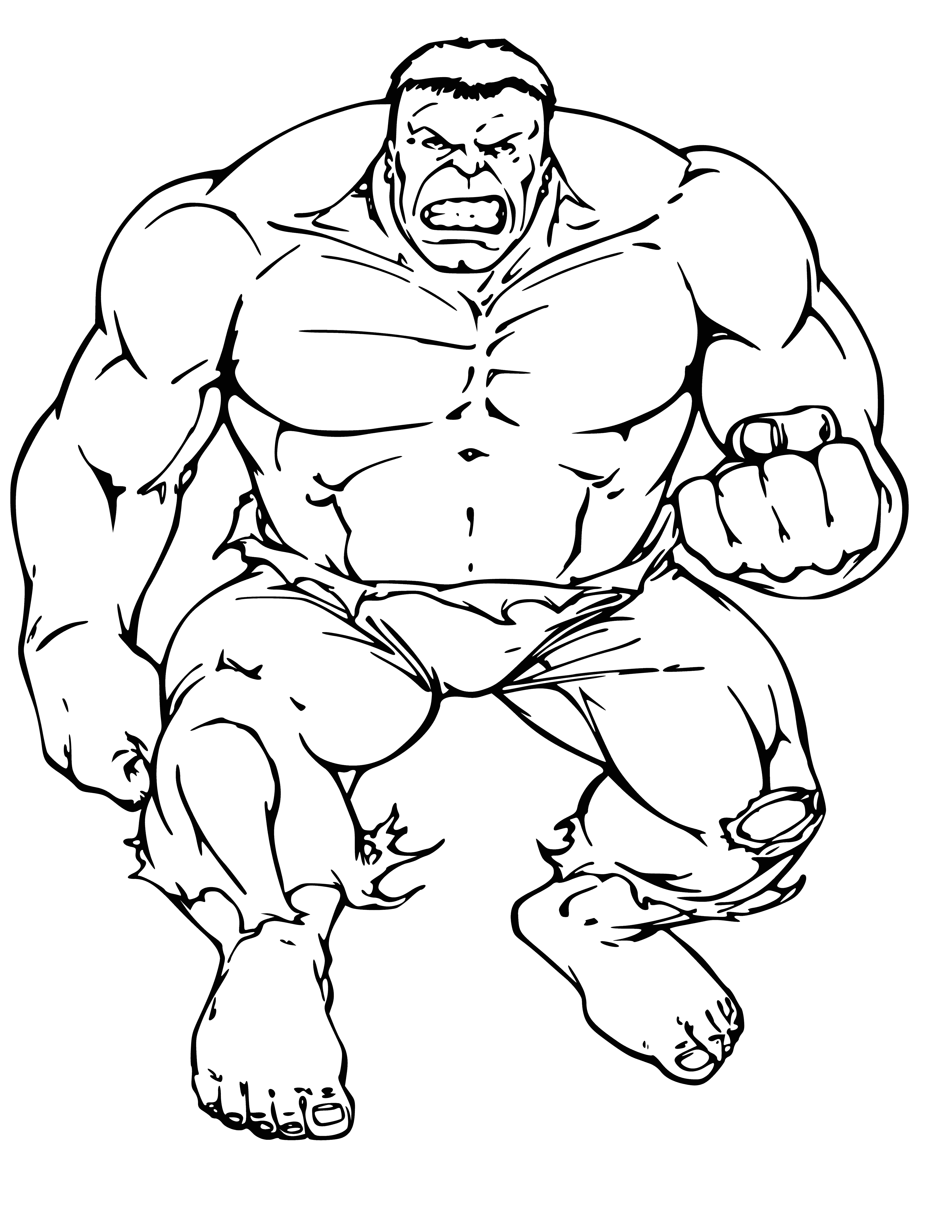 coloring page: A giant, muscular figure stands with a raised fist in the centre of a coloring page; green skin and purple pants; eyes and mouth open in a powerful roar. #coloringpage