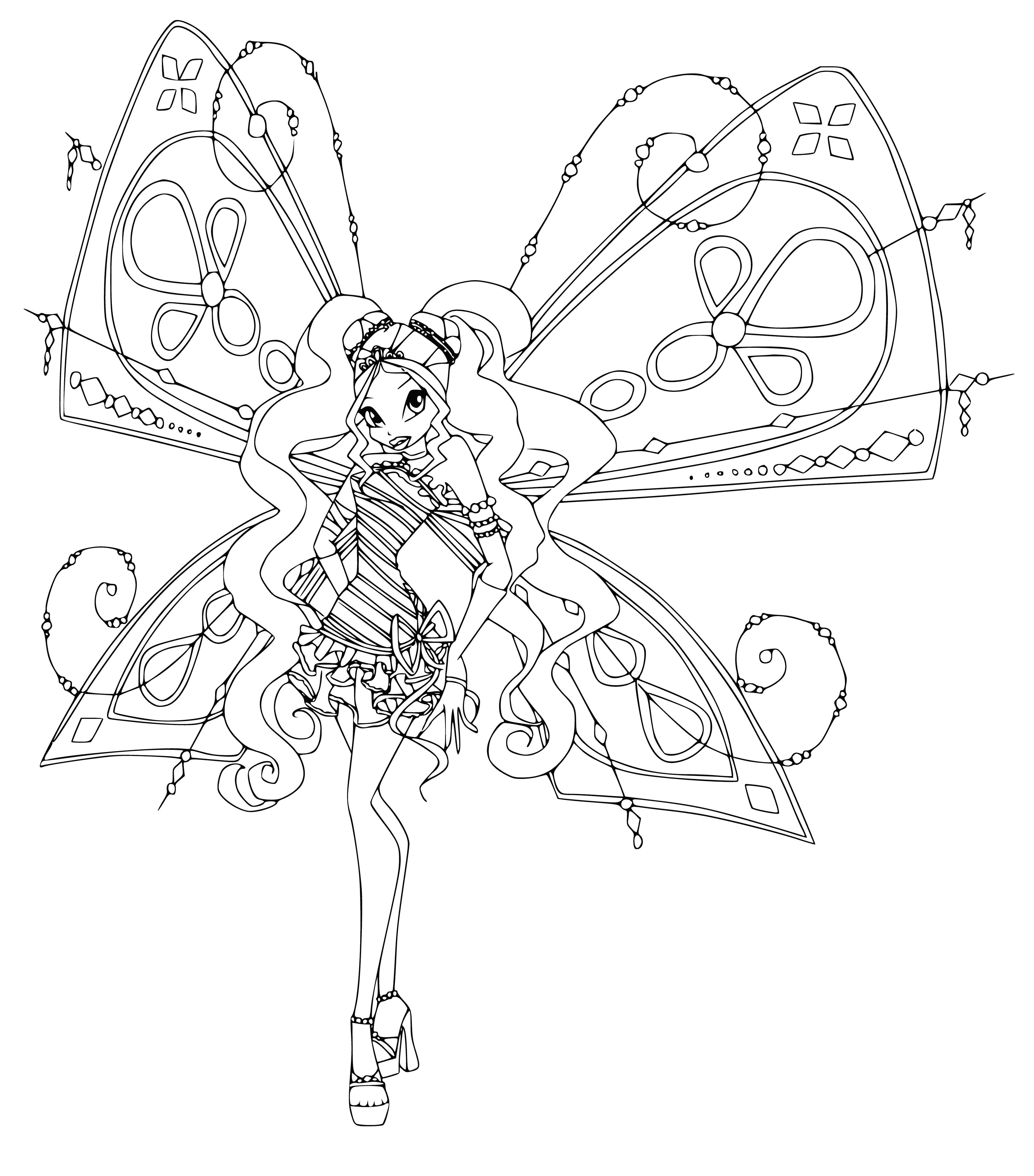 coloring page: Sorceress Leila stands ready for a battle, clad in black armor with skull and bones adornments. Her hands raised, one holds green energy - ready to cast her spell.