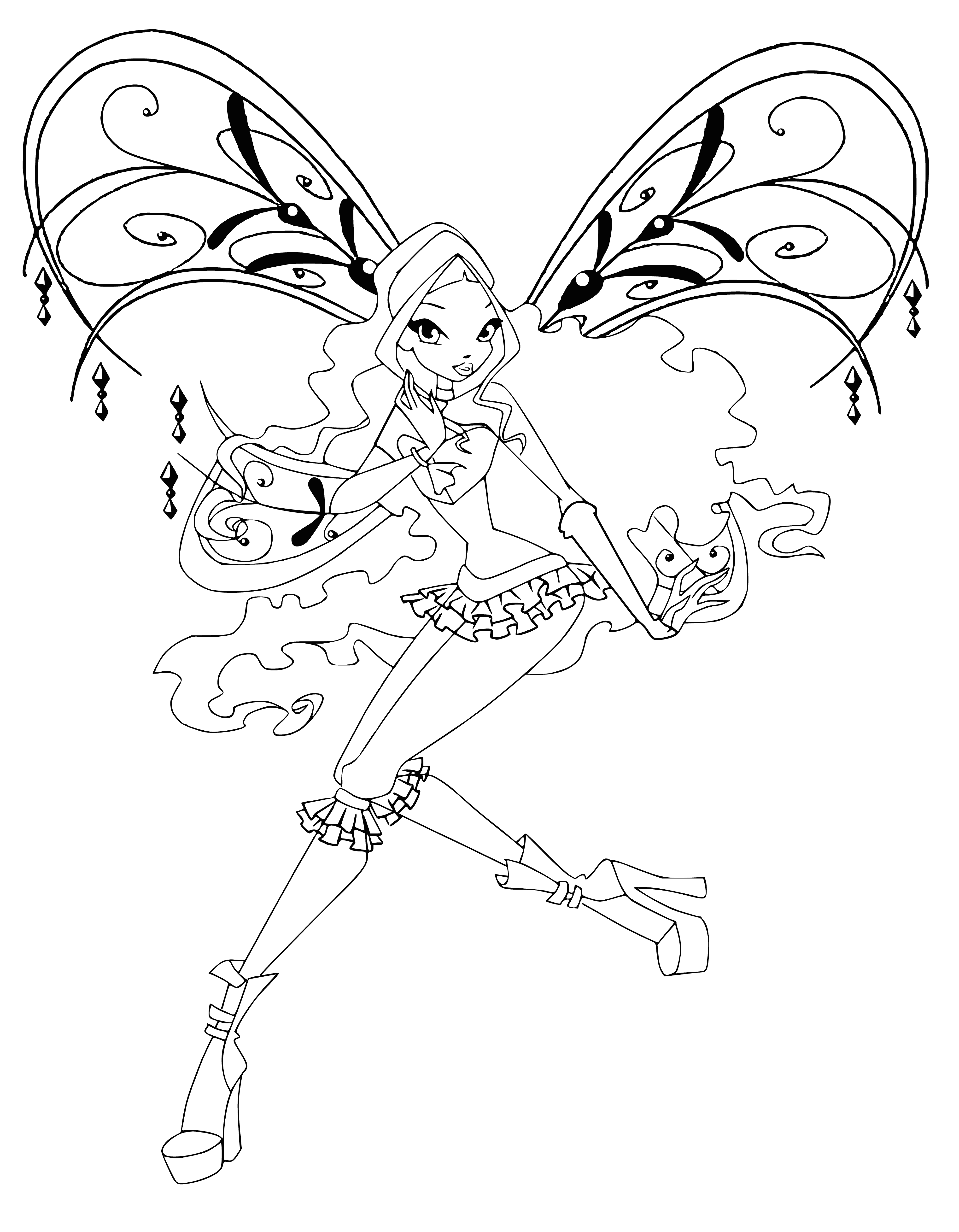 coloring page: Pink-haired fairy in light blue dress sits on rock in meadow, pointing right; butterfly on shoulder; blue eye shadow & earrings.