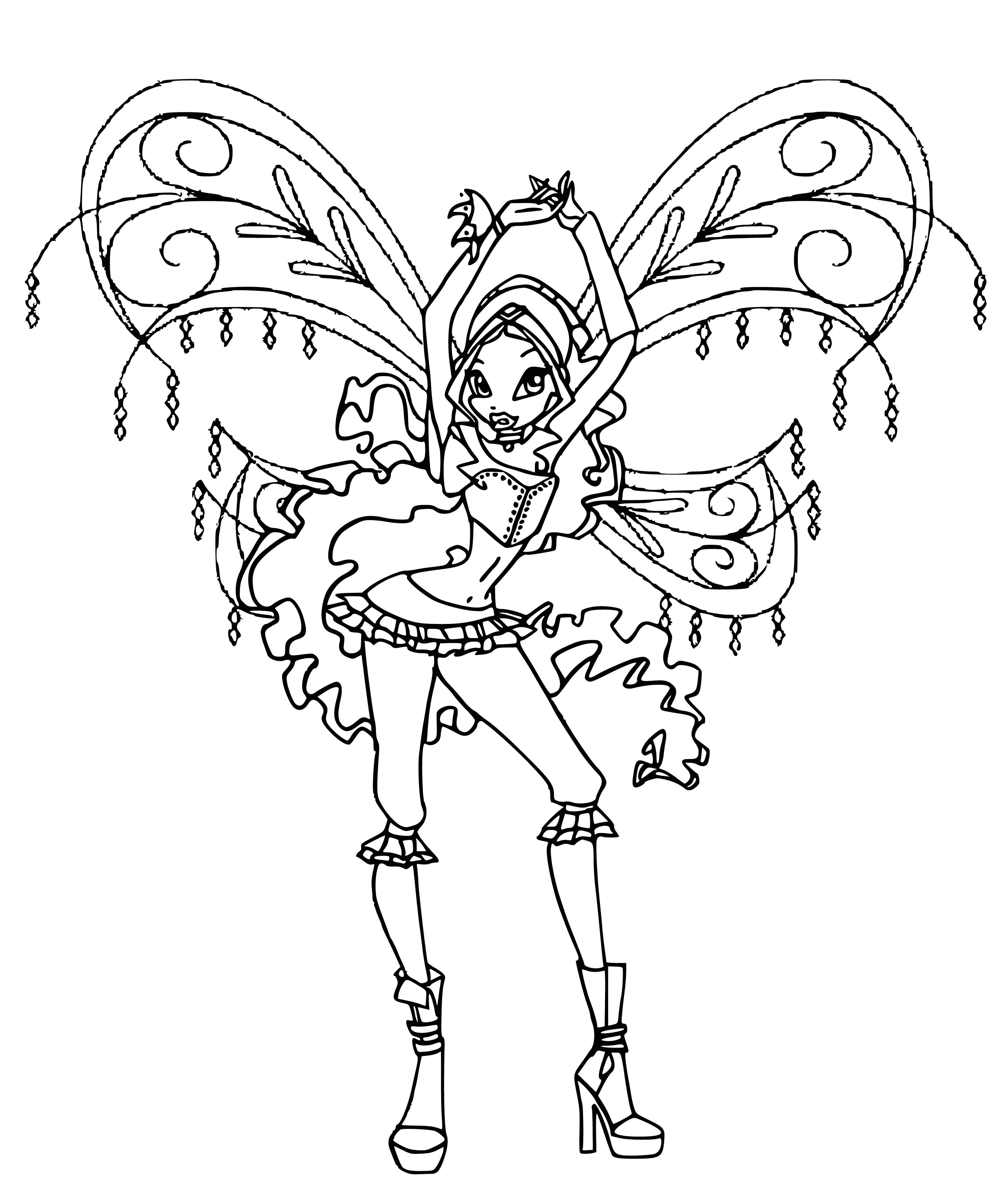 coloring page: Leila, wavy brown hair, tan skin, brown eyes, pink dress, white skirt, goldbelt, pink heart wand. Strappy white sandals - magical!