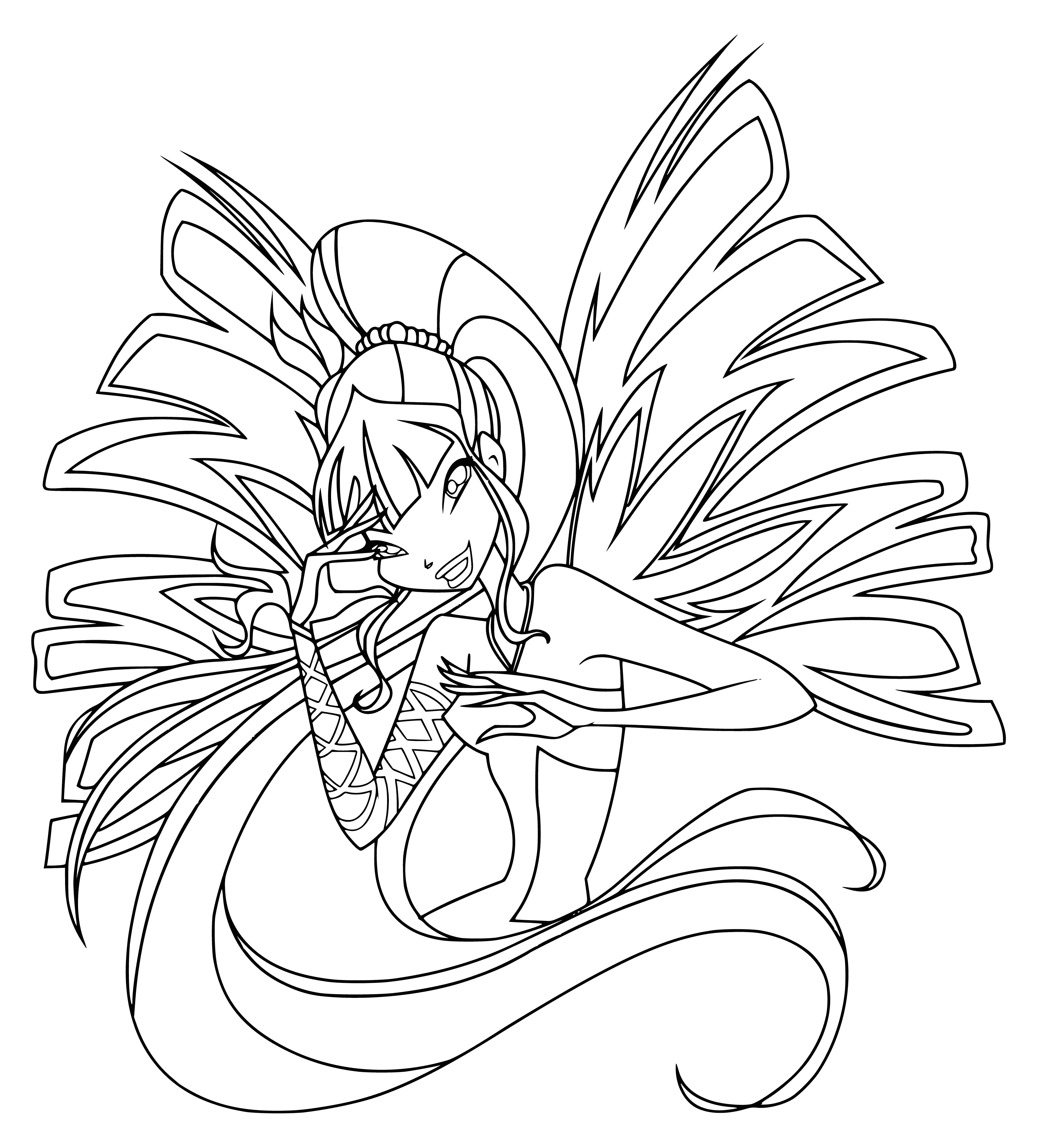 coloring page: Fairy-like creature holds staff with crescent moon in one hand and a globe of light in the other, atop a billowing gown and delicate wings. #fairytale
