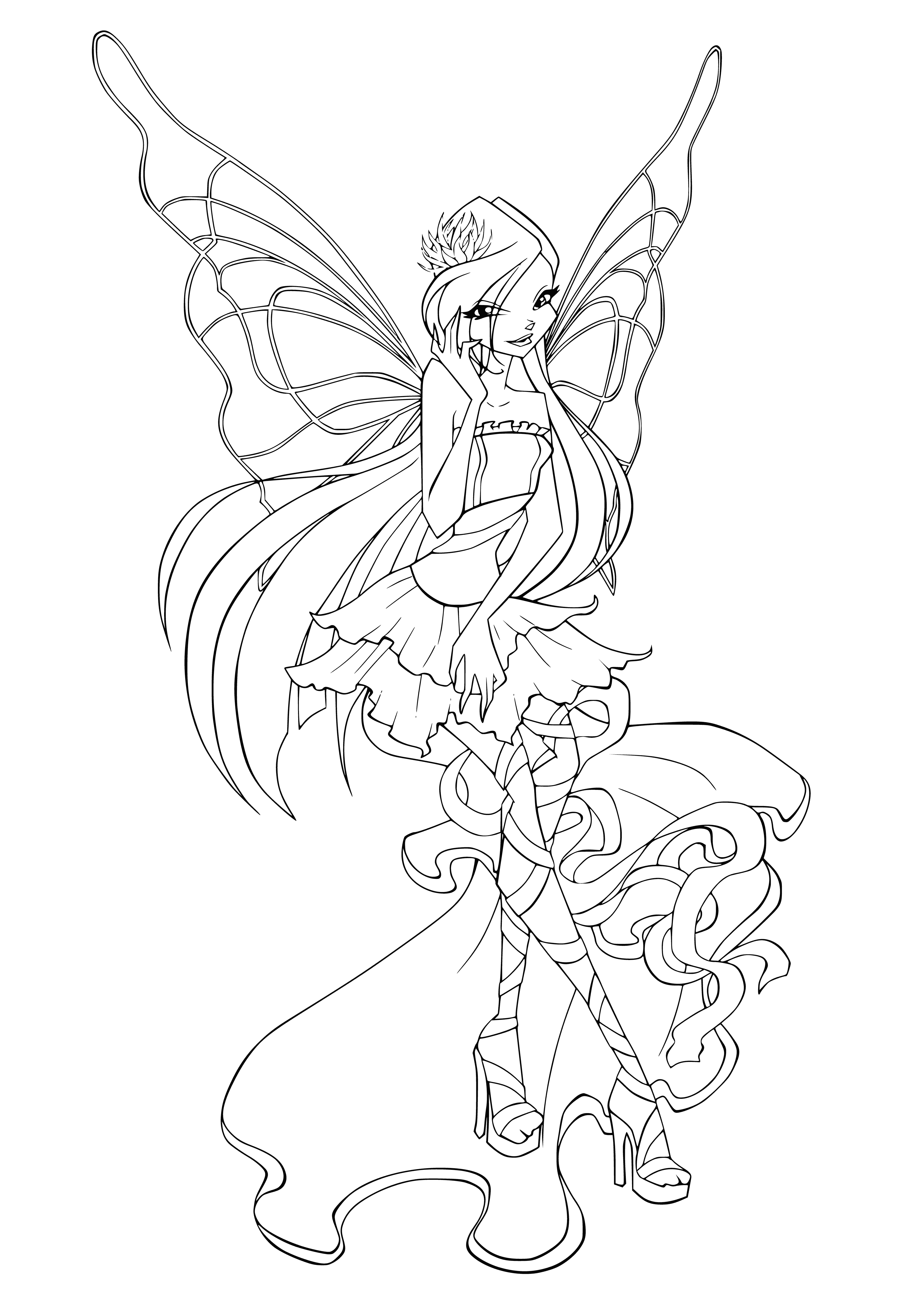 coloring page: A muse in white dress with serious expression, arms at sides and eyes closed, wearing a black belt.